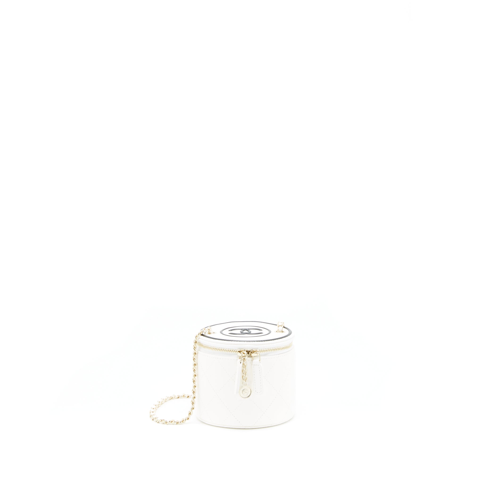 CHANEL ROUND VANITY WITH CHAIN WHITE/ BLACK WITH LGHW