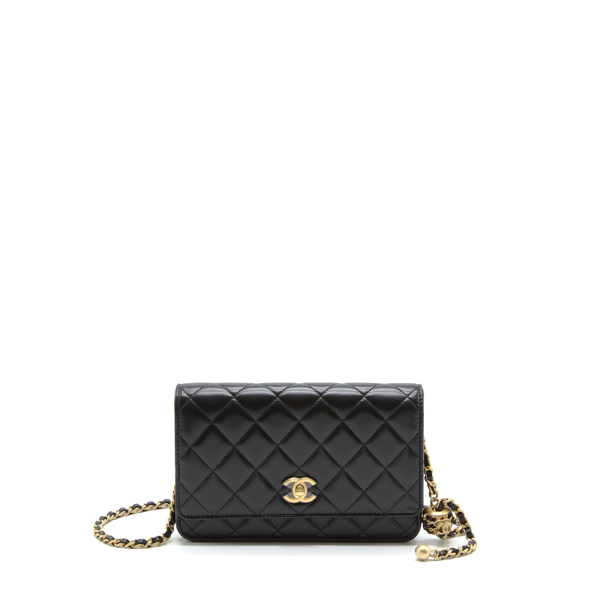 CHANEL PEARL CRUSH WALLET ON CHAIN LAMBSKIN BLACK GHW (MICROCHIP)