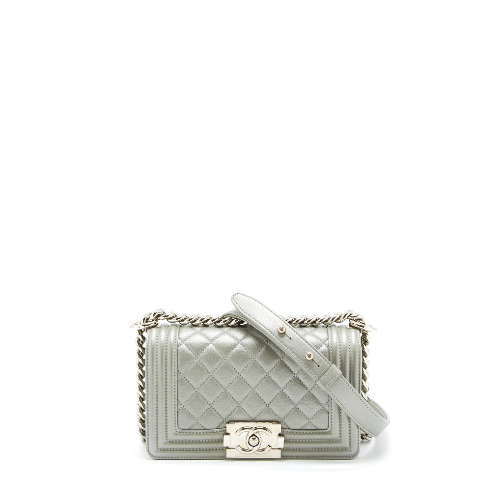 CHANEL SMALL BOY BAG CAVIAR LIGHT GREY SHW
