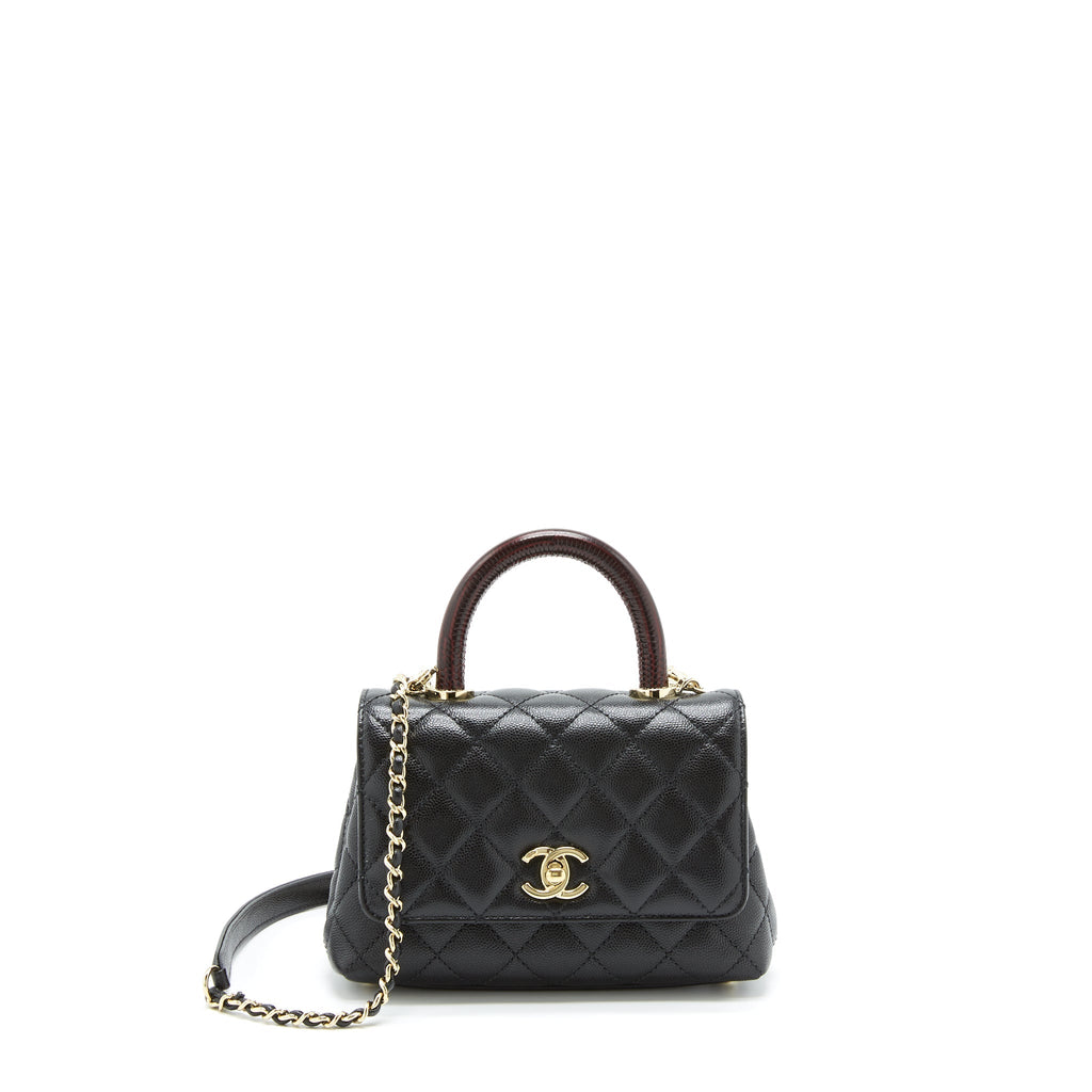CHANEL MINI COCO HANDLE FLAP BAG CAVIAR BLACK WITH BURGUNDY HANDLE LGHW
