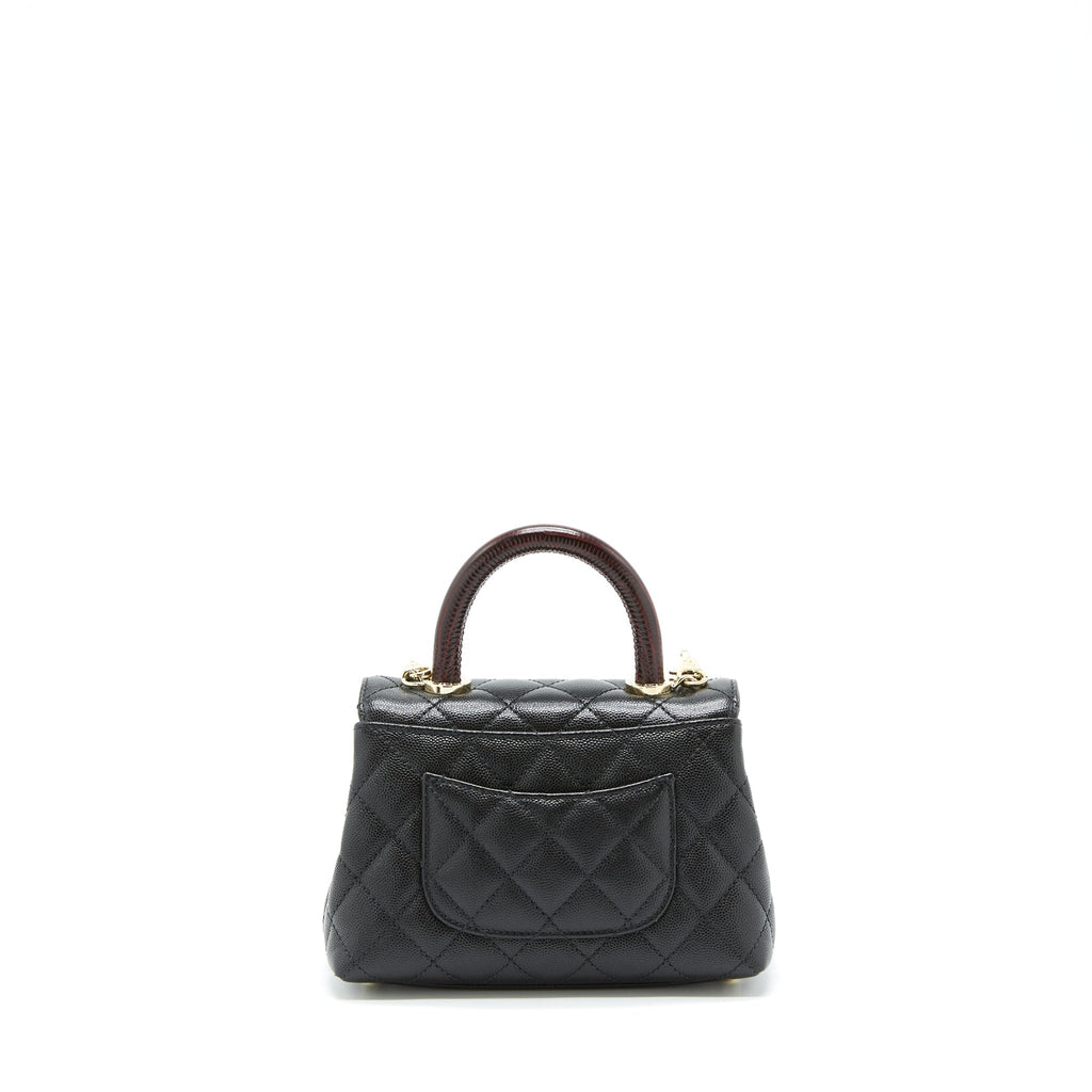 CHANEL MINI COCO HANDLE FLAP BAG CAVIAR BLACK WITH BURGUNDY HANDLE LGHW