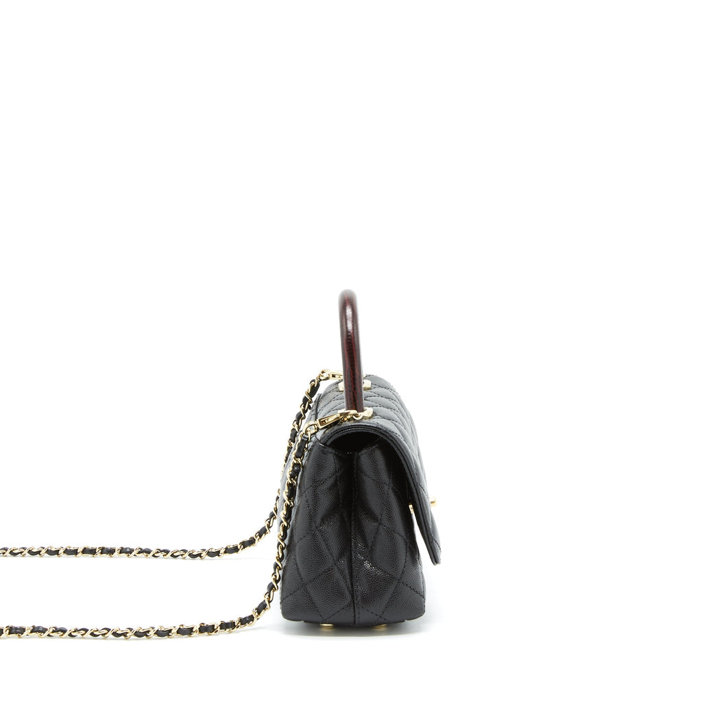 CHANEL MINI COCO HANDLE FLAP BAG CAVIAR BLACK WITH BURGUNDY HANDLE LGHW