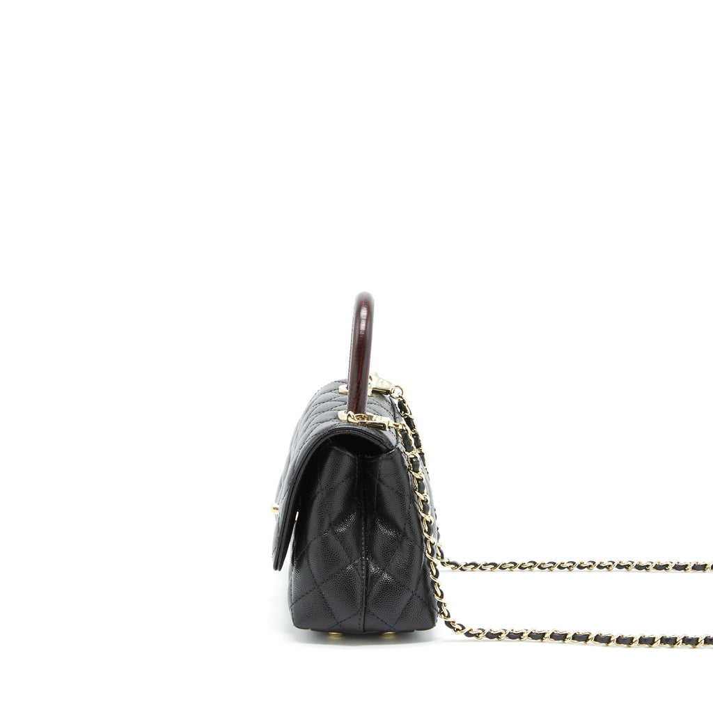 CHANEL MINI COCO HANDLE FLAP BAG CAVIAR BLACK WITH BURGUNDY HANDLE LGHW