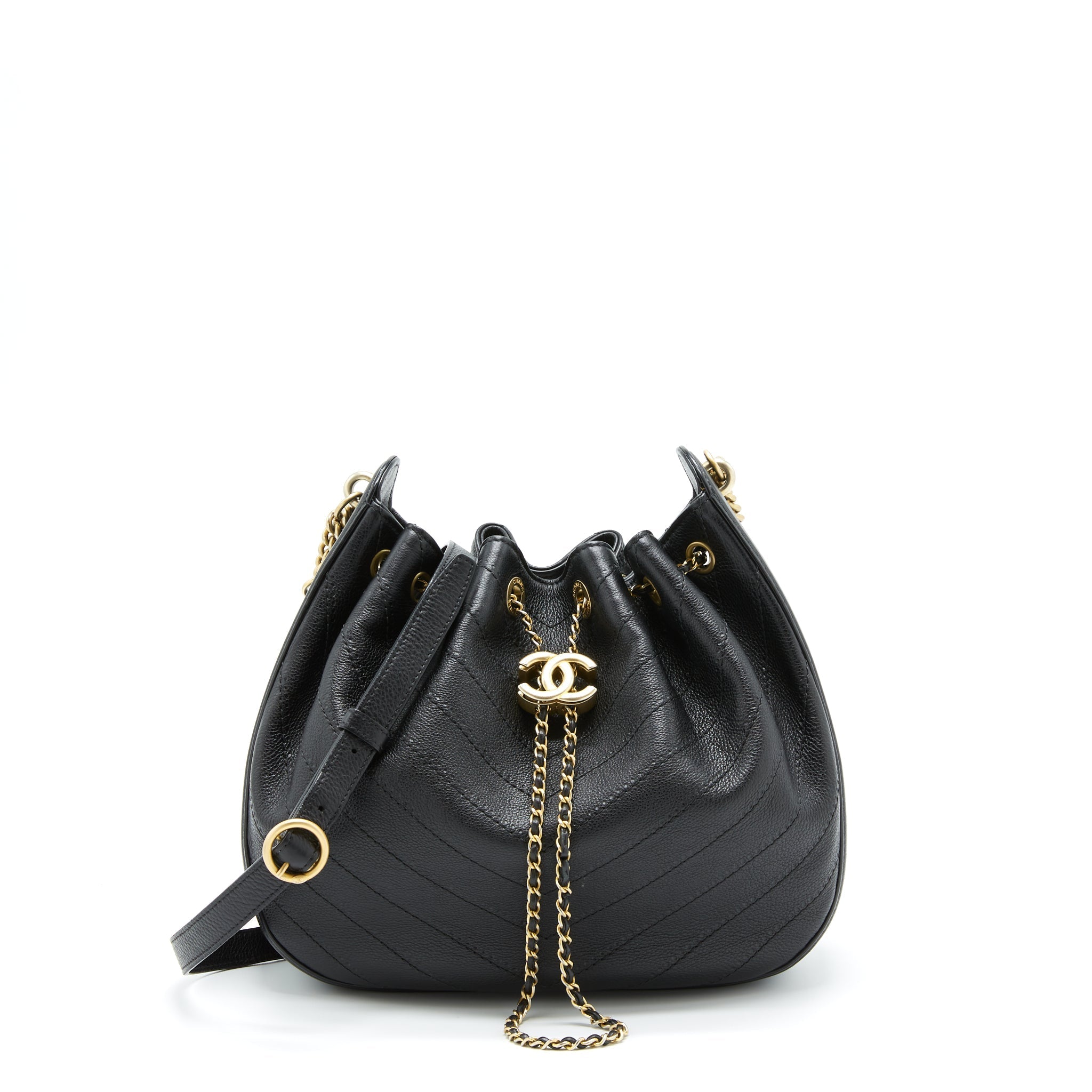 CHANEL CHEVRON BUCKET BAG GRAINED CALFSKIN BLACK GHW