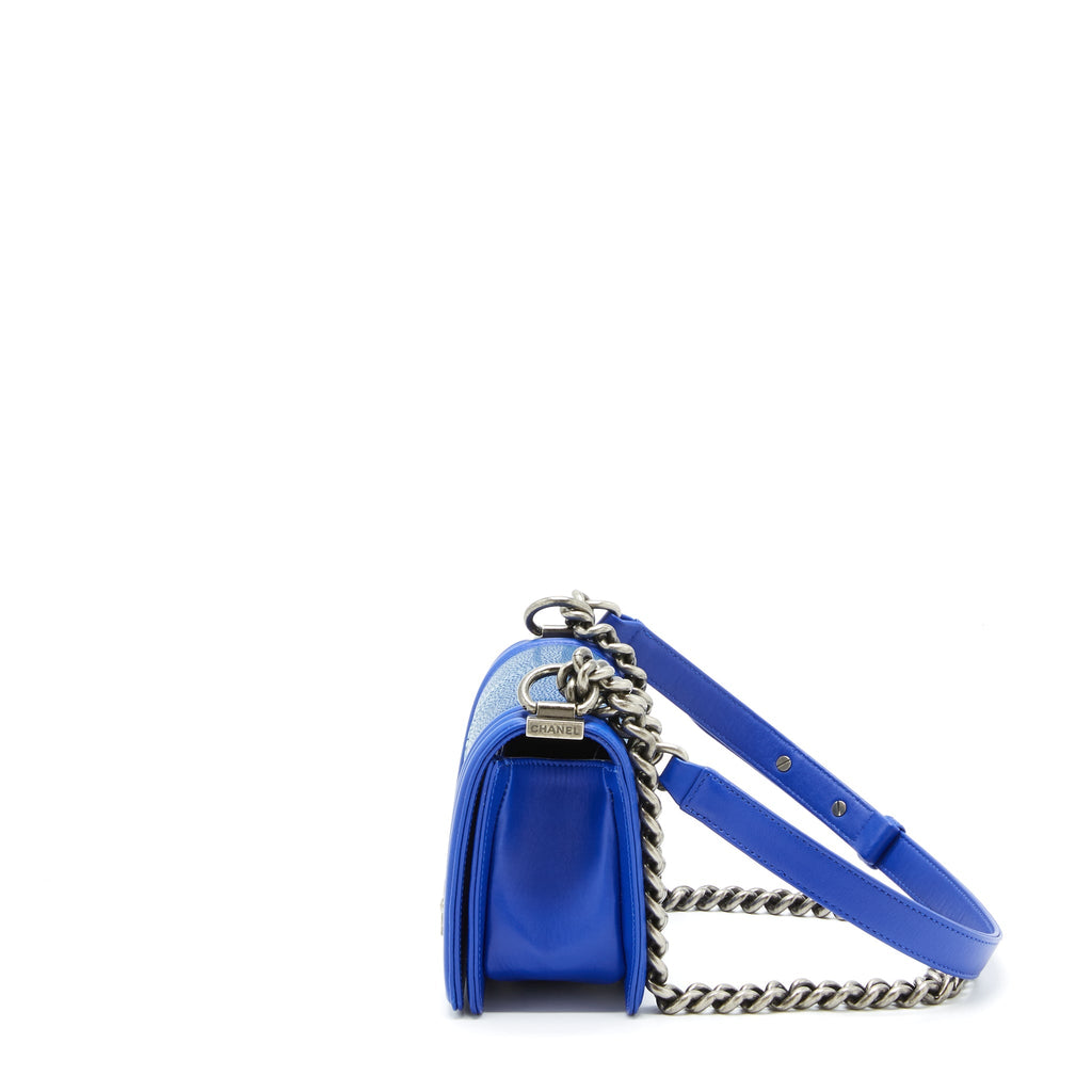 CHANEL SMALL BOY CRYSTAL GALUCHAT BLUE RUTHENIUM HARDWARE