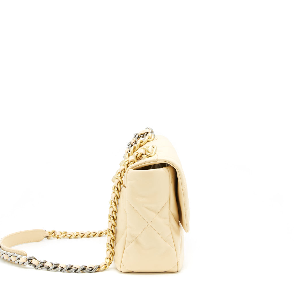 CHANEL MEDIUM 19 BAG GOATSKIN BEIGE WITH GOLD/SILVER HARDWARE