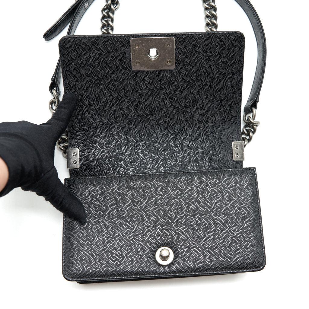 CHANEL SMALL BOY BAG CAVIAR BLACK RUTHENIUM SLIVER HARDWARE (MICROCHIP)