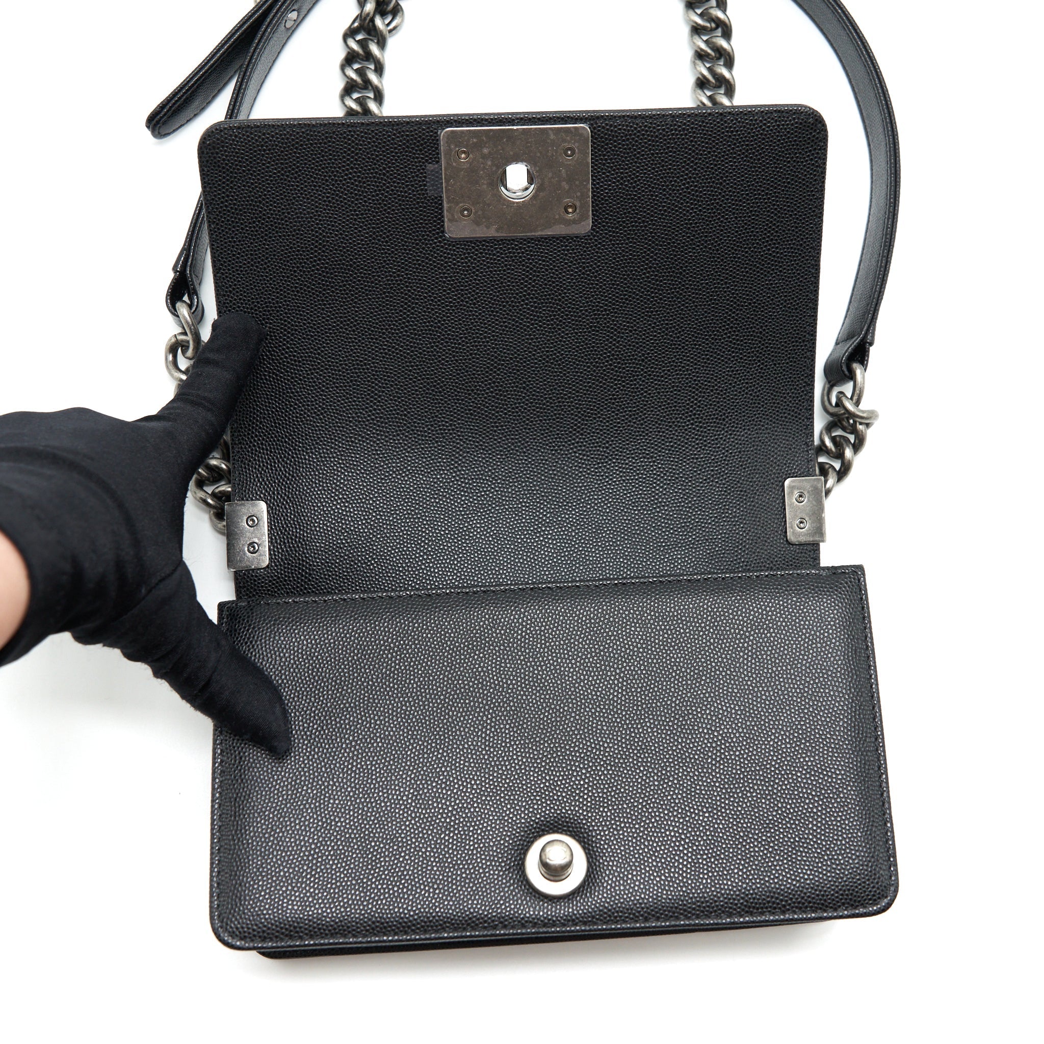 CHANEL SMALL BOY BAG CAVIAR BLACK RUTHENIUM SLIVER HARDWARE (MICROCHIP)
