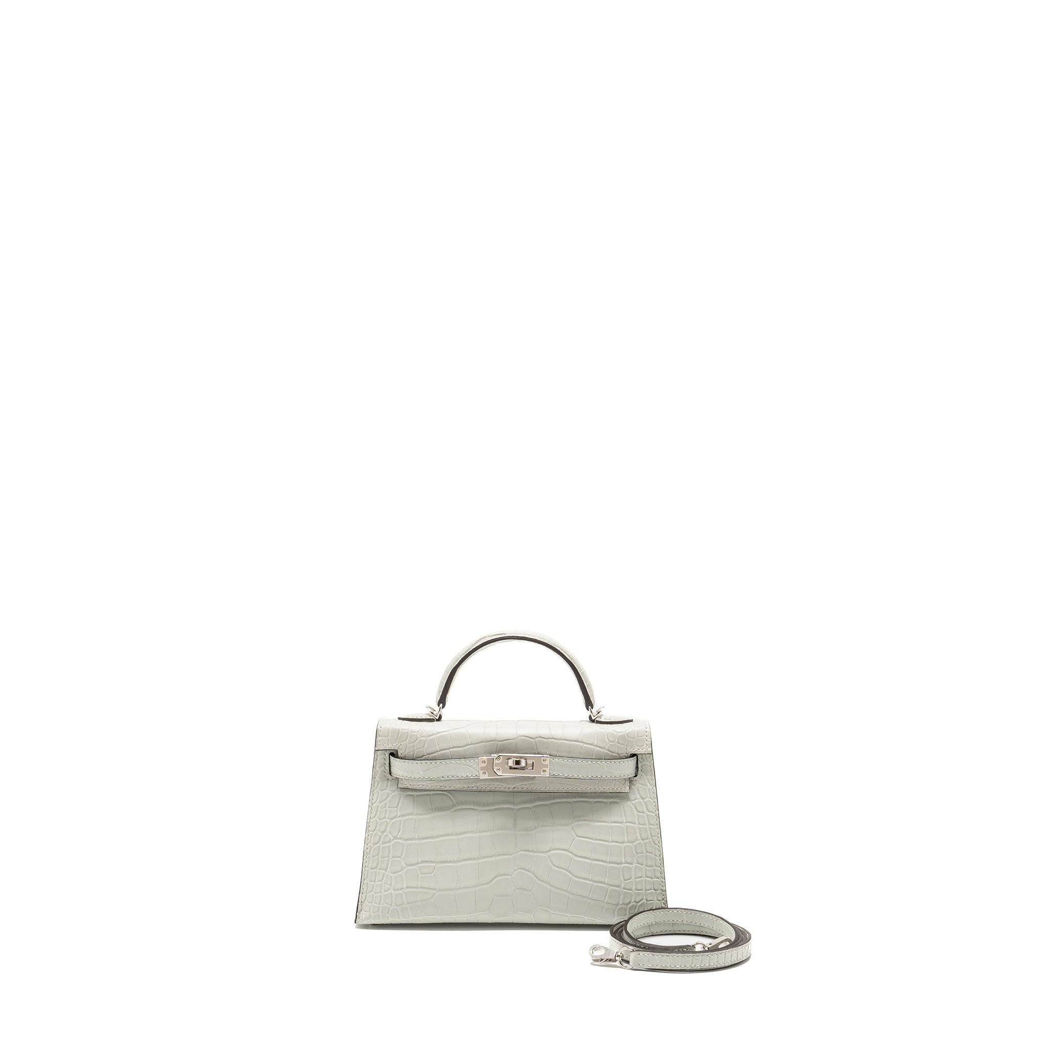HERMES MINI KELLY II MATTE ALLIGATOR MISSISSIPPIENSIS 0W GRIS NEVE SHW