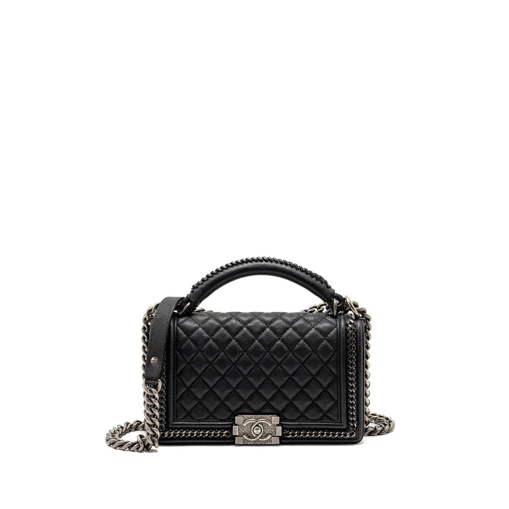 CHANEL TOP HANDLE BOY BAG LIMITED EDITION GRAINED CALFSKIN BLACK RUTHENIUM SILVER HARDWARE