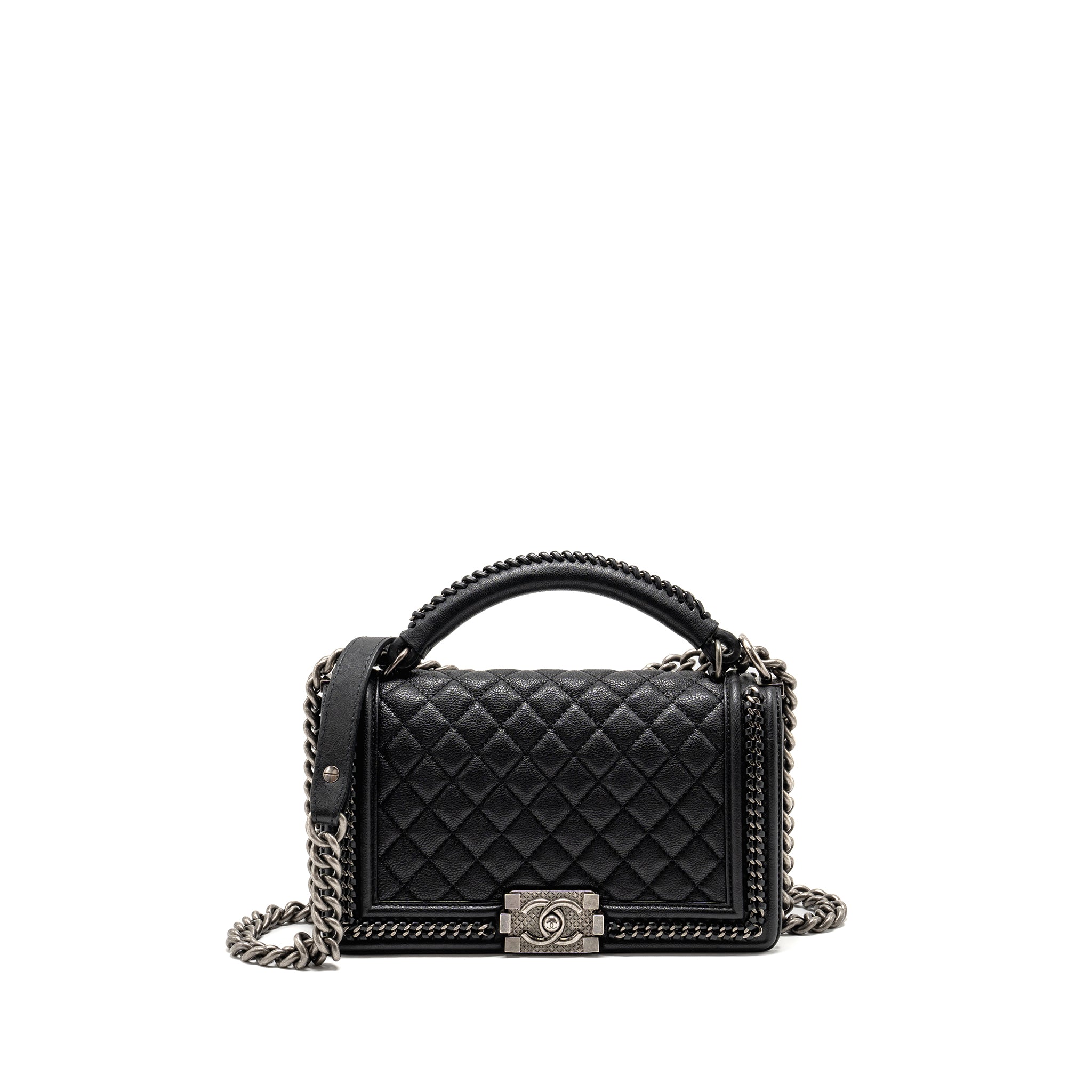 CHANEL TOP HANDLE BOY BAG LIMITED EDITION GRAINED CALFSKIN BLACK RUTHENIUM SILVER HARDWARE