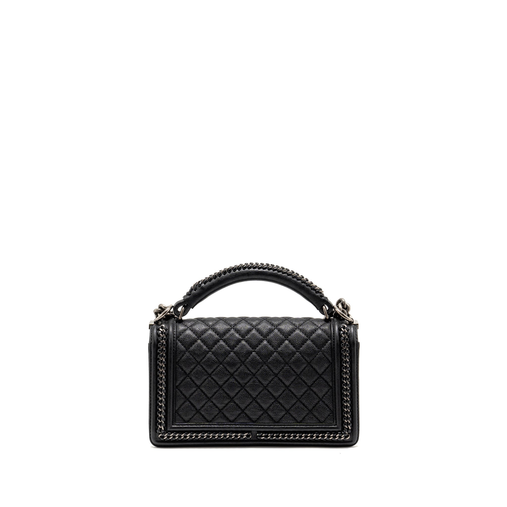 CHANEL TOP HANDLE BOY BAG LIMITED EDITION GRAINED CALFSKIN BLACK RUTHENIUM SILVER HARDWARE