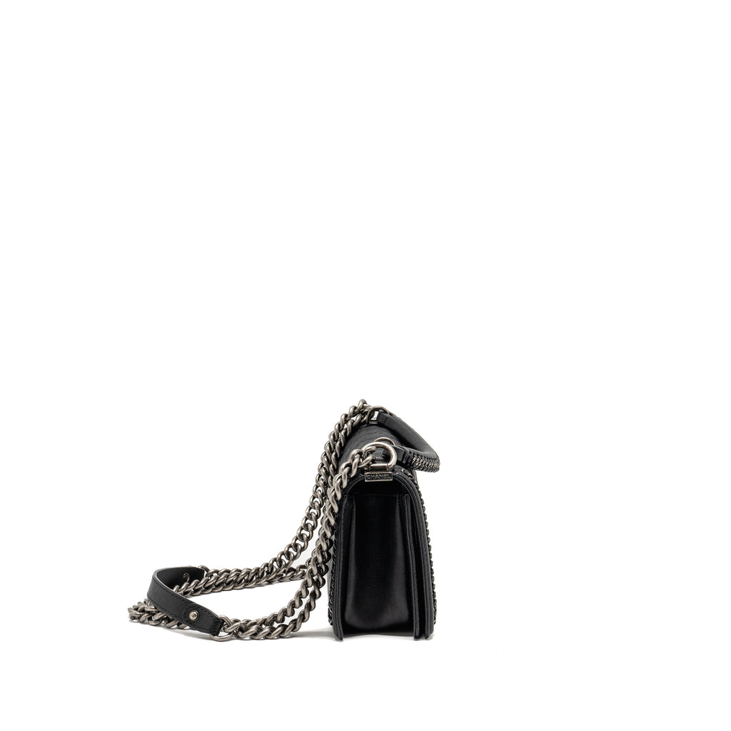 CHANEL TOP HANDLE BOY BAG LIMITED EDITION GRAINED CALFSKIN BLACK RUTHENIUM SILVER HARDWARE