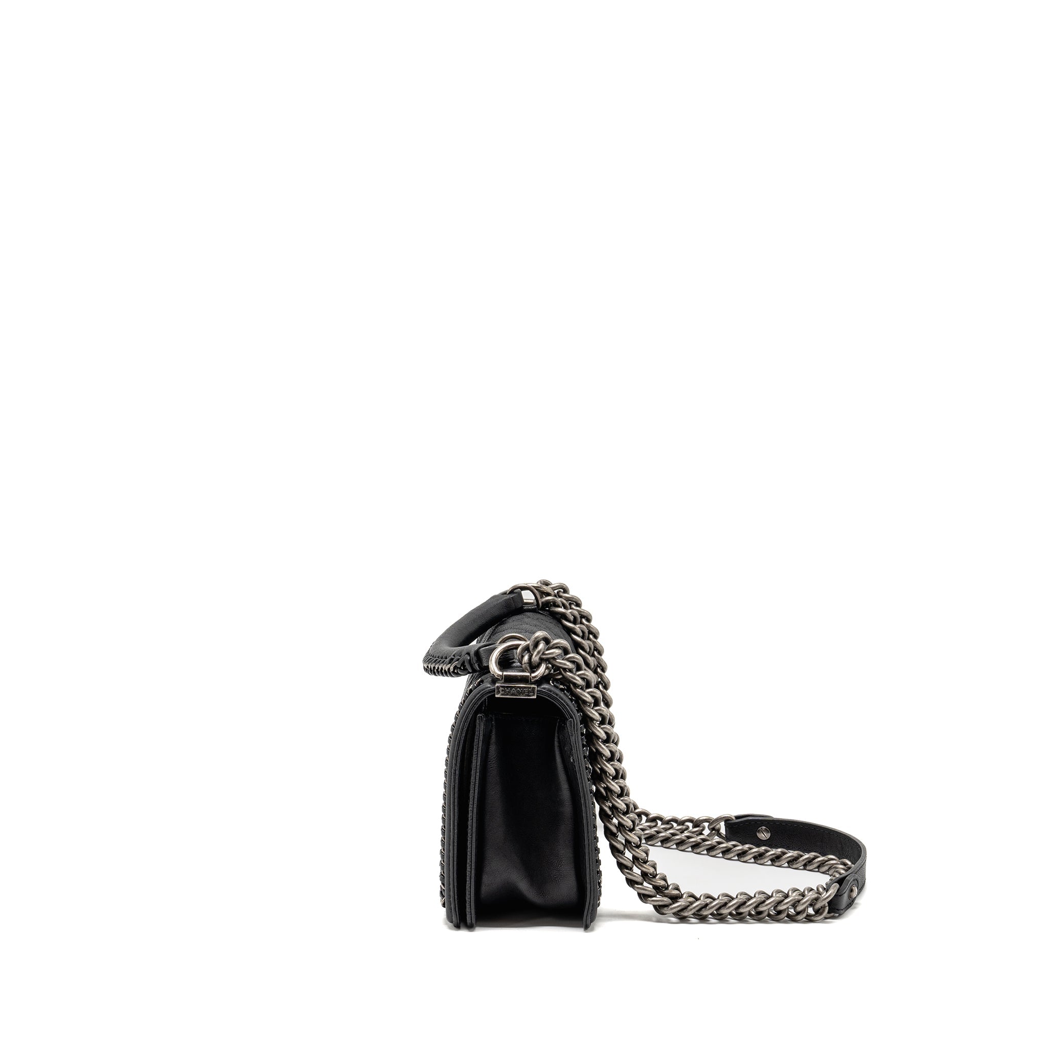 CHANEL TOP HANDLE BOY BAG LIMITED EDITION GRAINED CALFSKIN BLACK RUTHENIUM SILVER HARDWARE