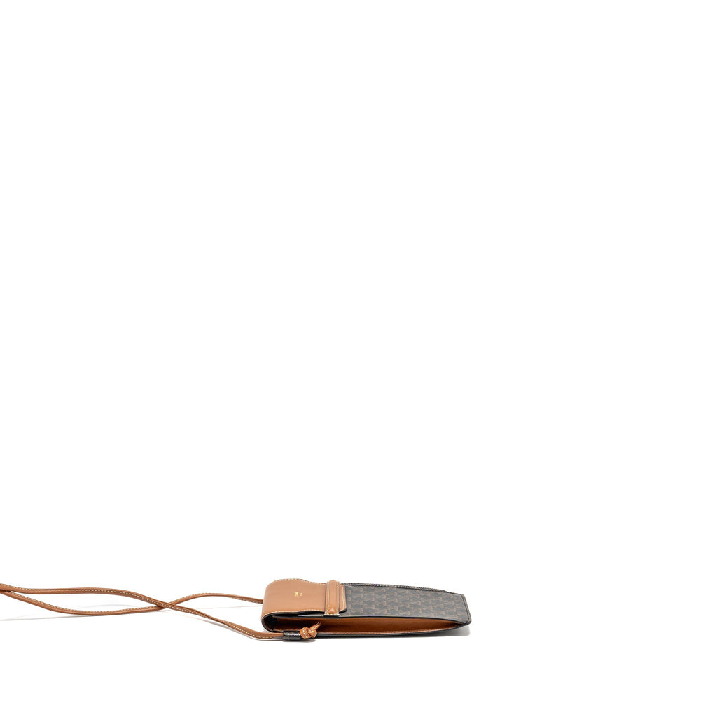 CELINE PHONE POUCH WITH FLAP TRIOMPHE CANVAS /LAMBSKIN TAN