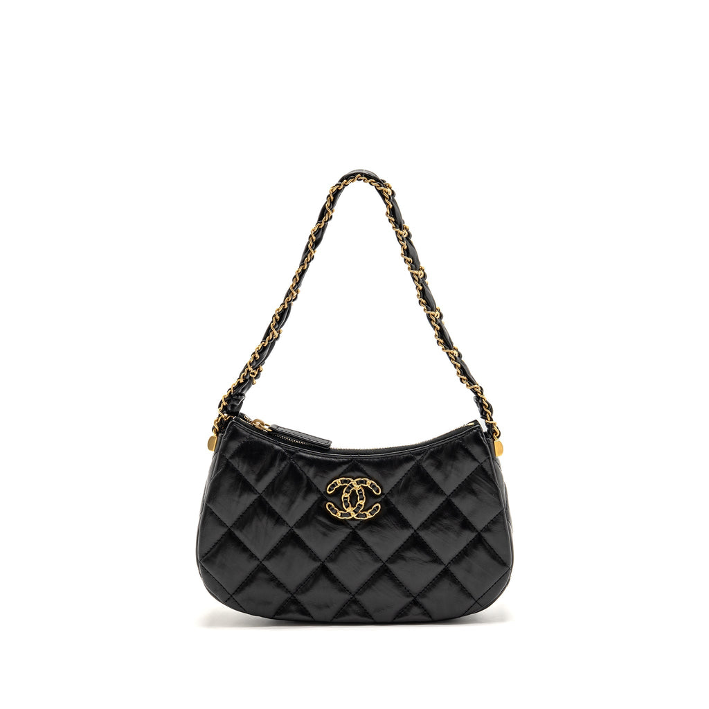 CHANEL 23K 19 HOBO SHOULDER BAG CALFSKIN BLACK GHW (MICROCHIP)