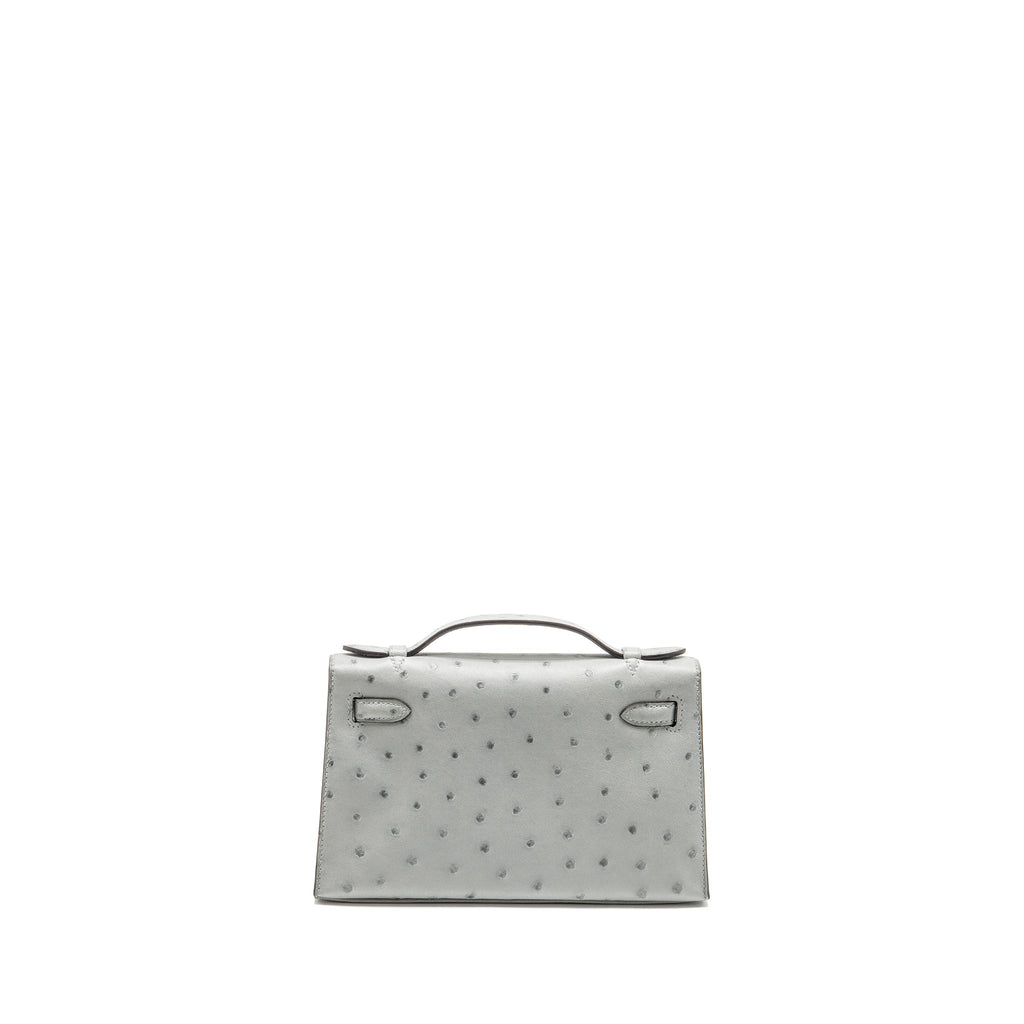 HERMES KELLY POCHETTE OSTRICH BLEU GLACIER GHW