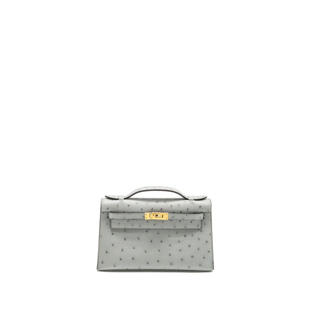 HERMES KELLY POCHETTE OSTRICH BLEU GLACIER GHW