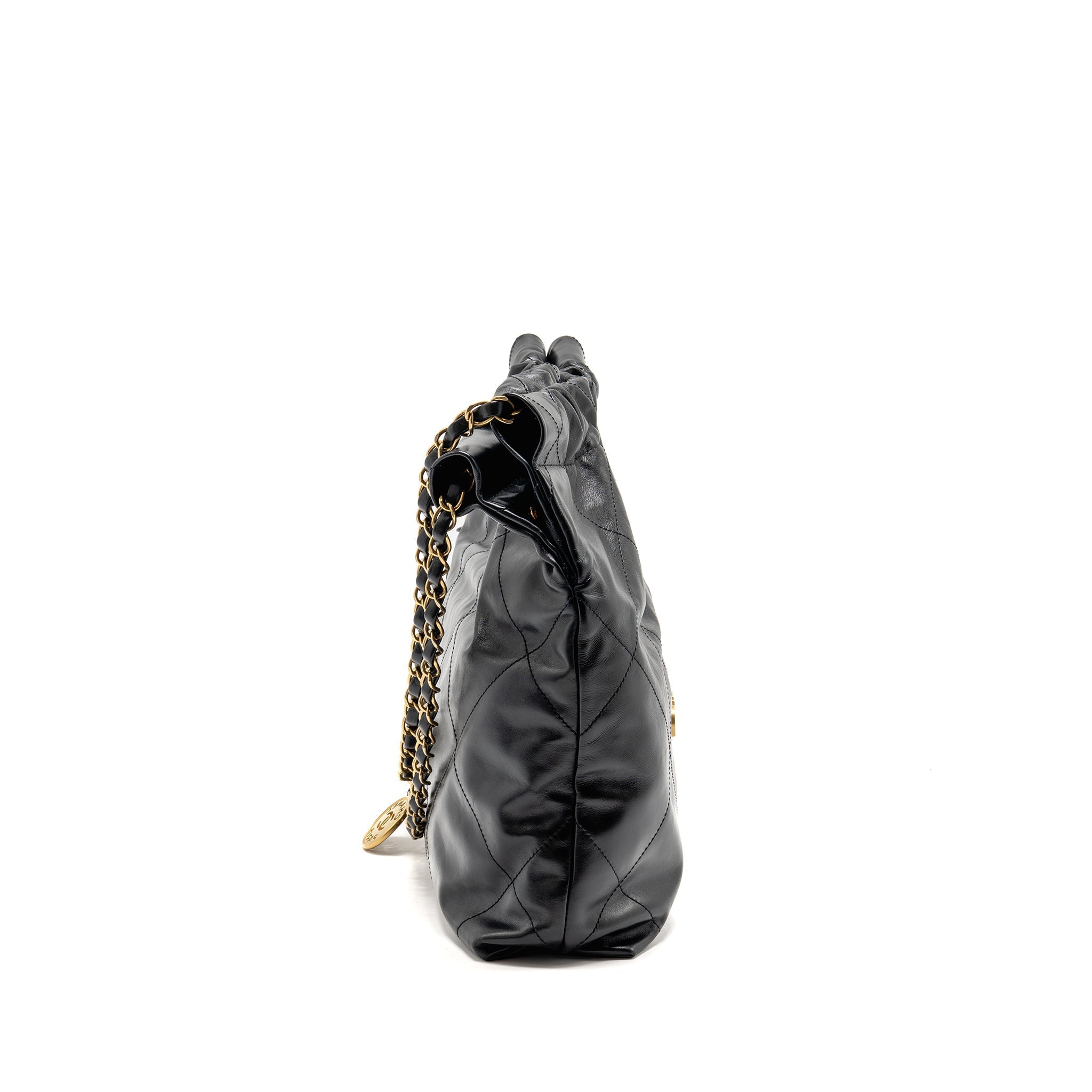 CHANEL SMALL 22 BAG SHINY CALFSKIN BLACK GHW (MICROCHIP)