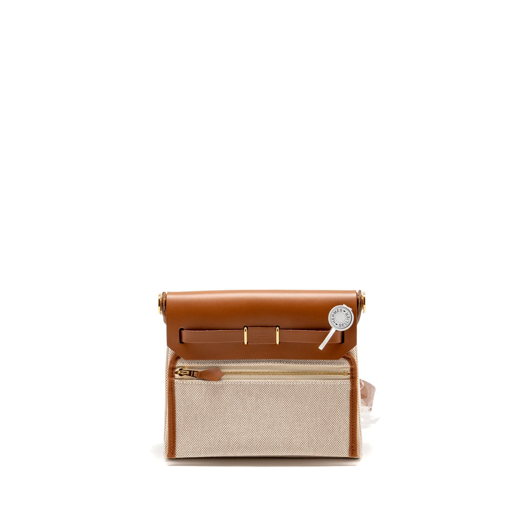 HERMES HERBAG MINI CANVAS/HUNTER LEATHER ECRU/BEIGE/FAUVE GHW