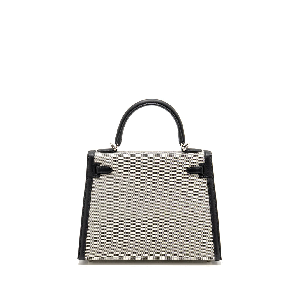 HERMES KELLY 25 SELLIER TOILE H/SWIFT ECRU-BLACK/BLACK SHW
