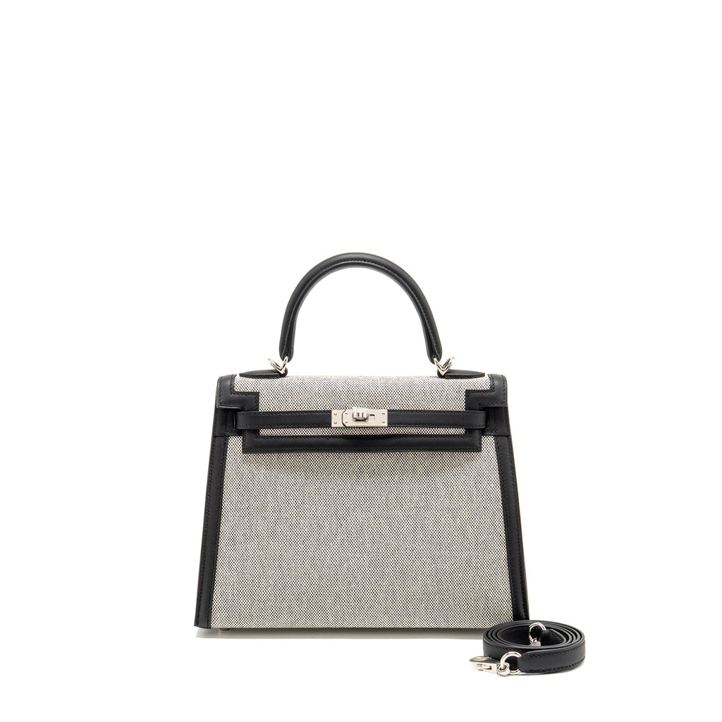 HERMES KELLY 25 SELLIER TOILE H/SWIFT ECRU-BLACK/BLACK SHW