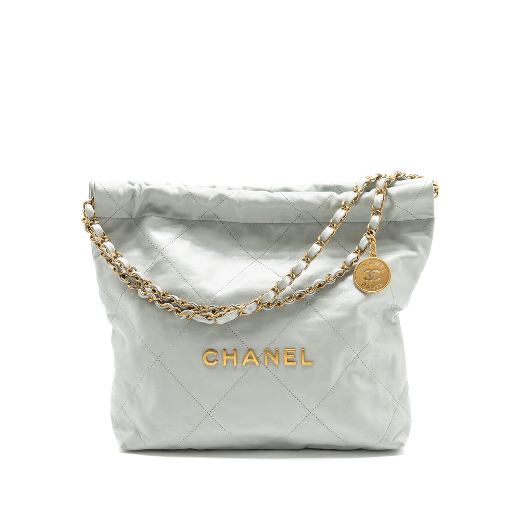 CHANEL SMALL 22 BAG SHINY CALFSKIN LIGHT BLUE GHW (MICROCHIP)
