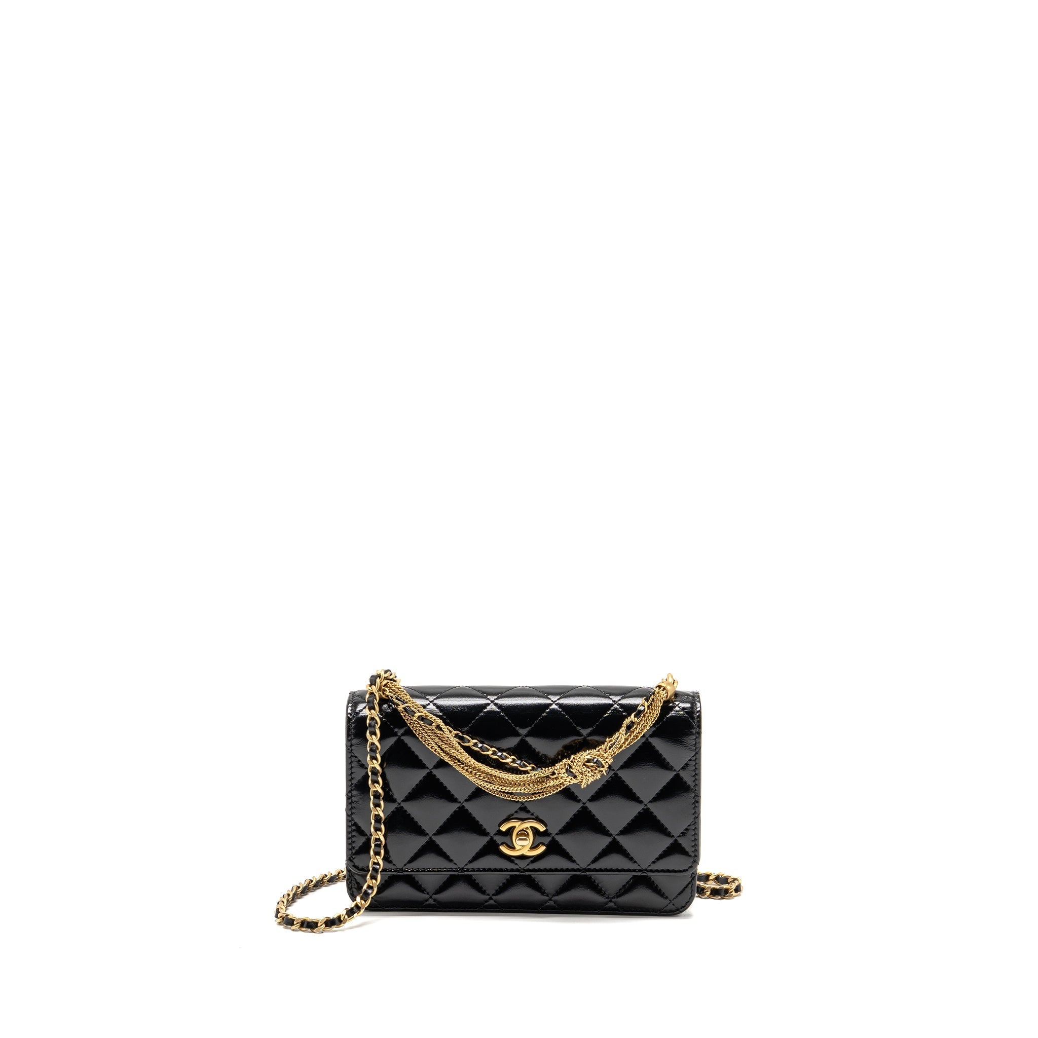 CHANEL 24A DETAILED CHAIN WALLET ON CHAIN SHINY CALFSKIN BLACK GHW (MICROCHIP）