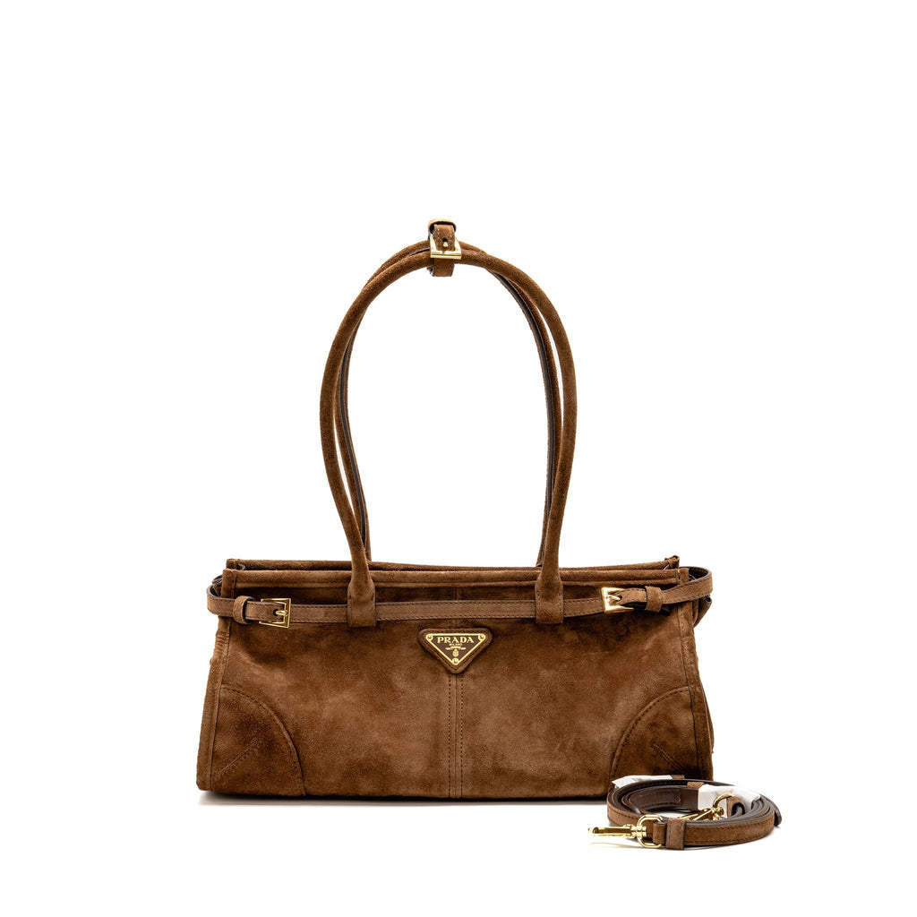 PRADA MEDIUM BONNIE HANDBAG SUEDE LEATHER BROWN GHW