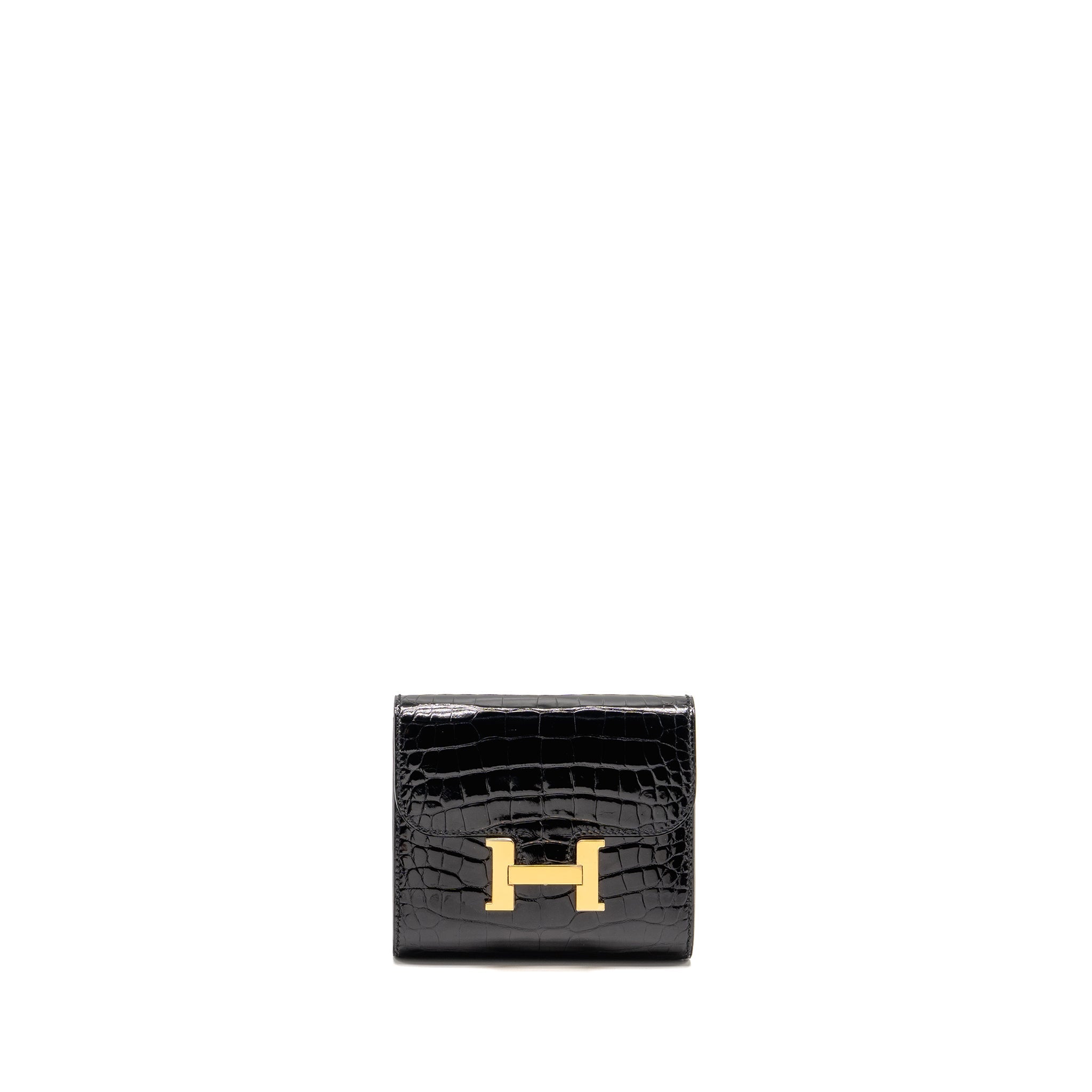 HERMES CONSTANCE COMPACT WALLET SHINY ALLIGATOR MISSISSIPPIENSIS BLACK GHW