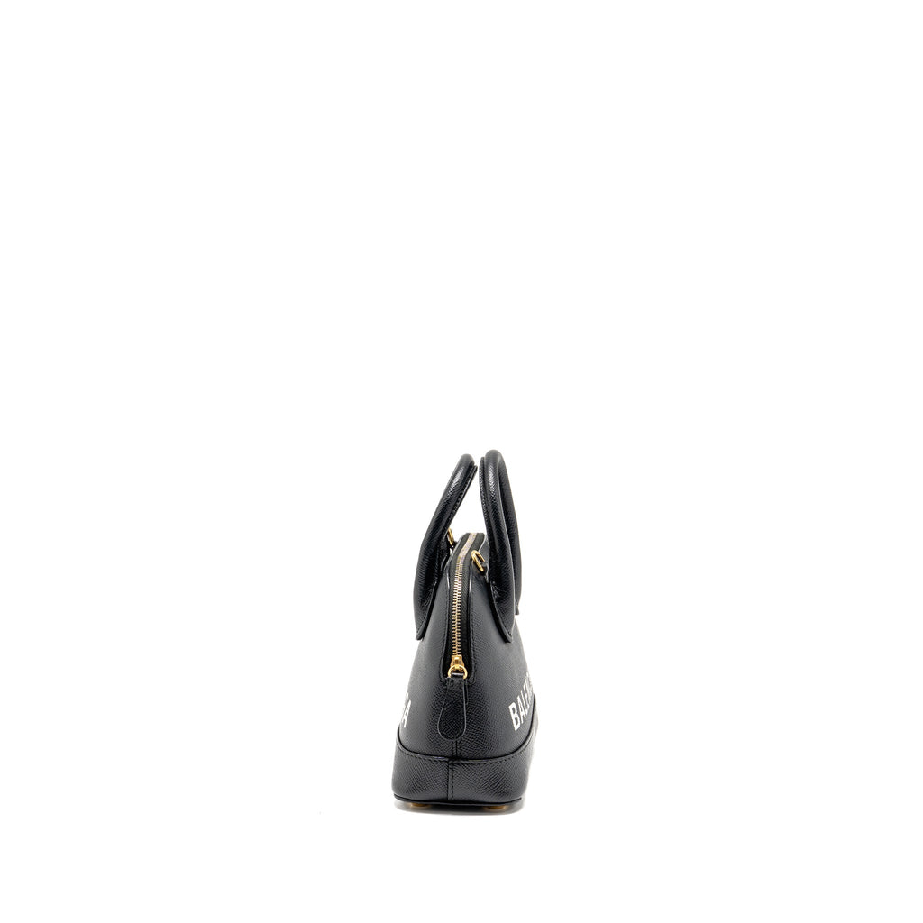 BALENCIAGA VILLE GRAFFITI TOP HANDLE BOWLING BAG XXS GRAINED CALFSKIN BLACK/WHITE GHW