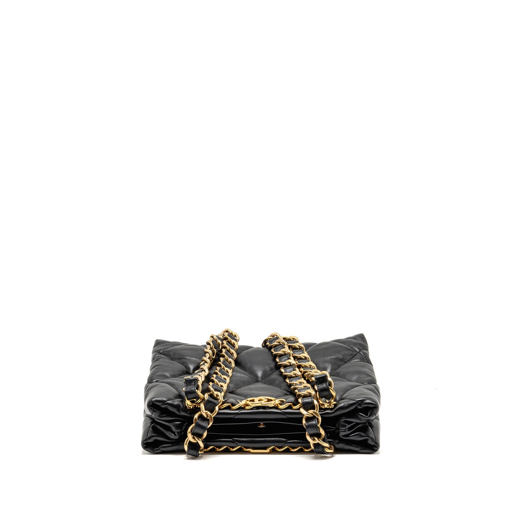 CHANEL QUILTED DOUBLE CHAIN SHOPPING TOTE BAG LAMBSKIN BLACK GHW (MICROCHIP)