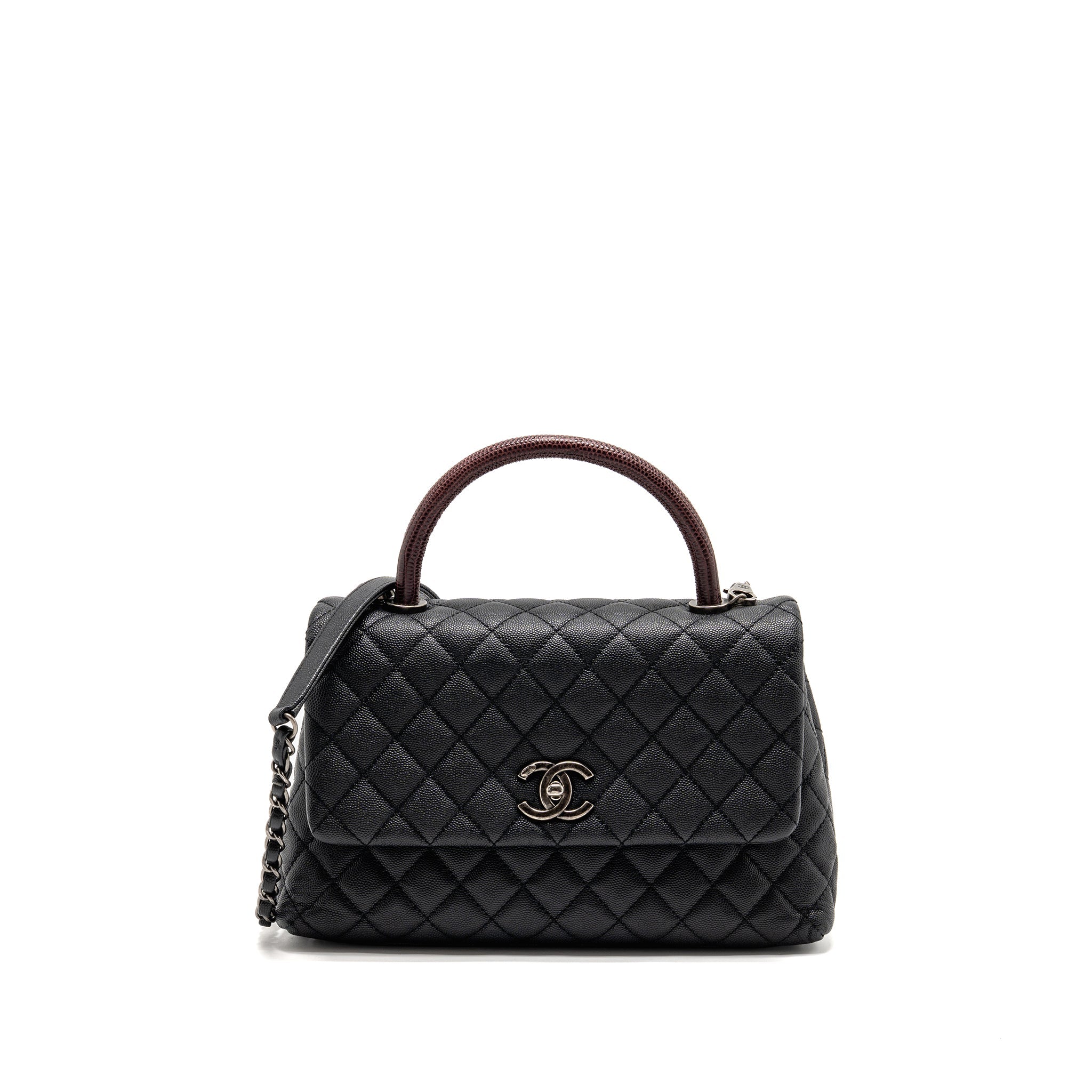 CHANEL MEDIUM COCO HANDLE FLAP BAG LIZARD EMBOSSED HANDLE CAVIAR BLACK RUTHENIUM HARDWARE