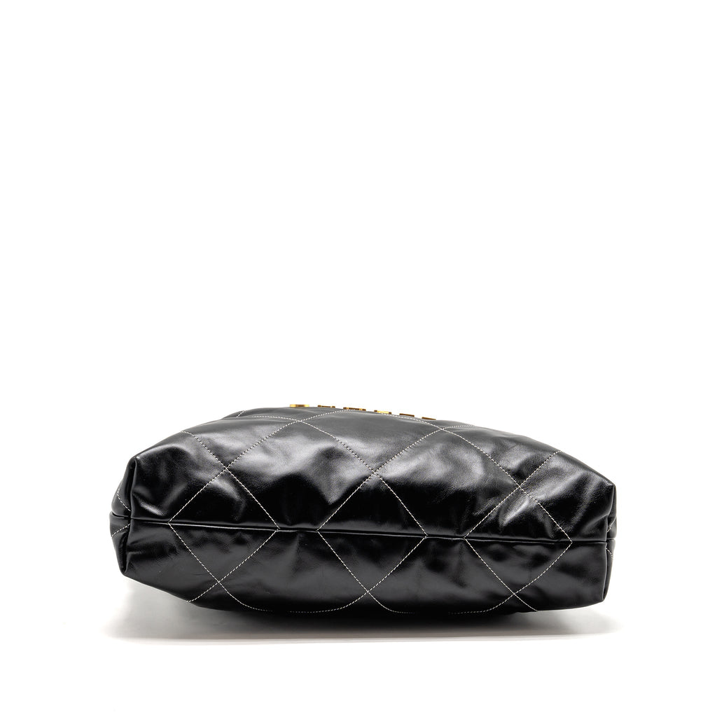 CHANEL MEDIUM 22 BAG WHITE STITCHING CALFSKIN BLACK GHW (MICROCHIP)