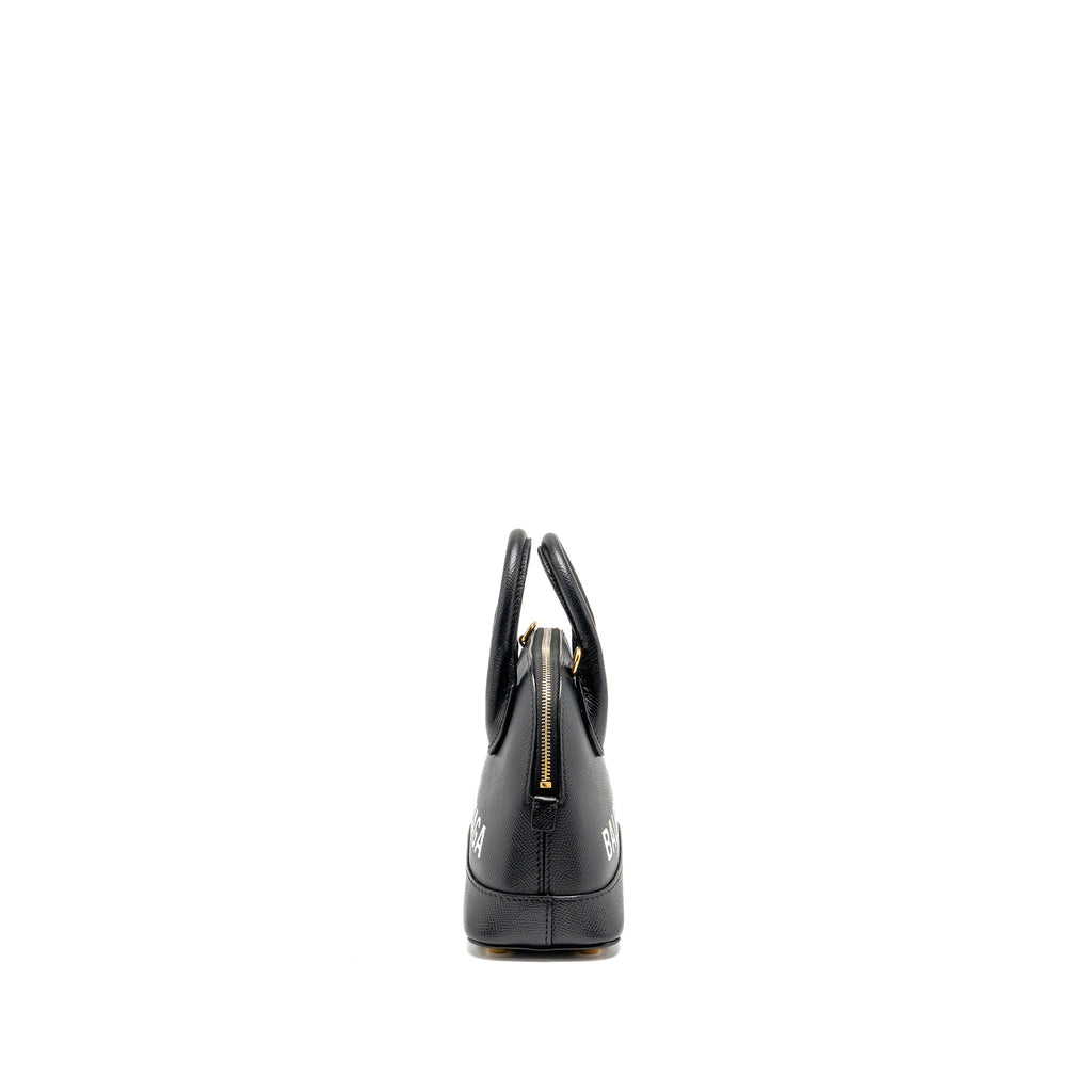 BALENCIAGA VILLE GRAFFITI TOP HANDLE BOWLING BAG XXS GRAINED CALFSKIN BLACK/WHITE GHW