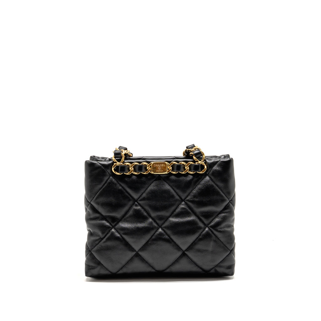 CHANEL QUILTED DOUBLE CHAIN SHOPPING TOTE BAG LAMBSKIN BLACK GHW (MICROCHIP)