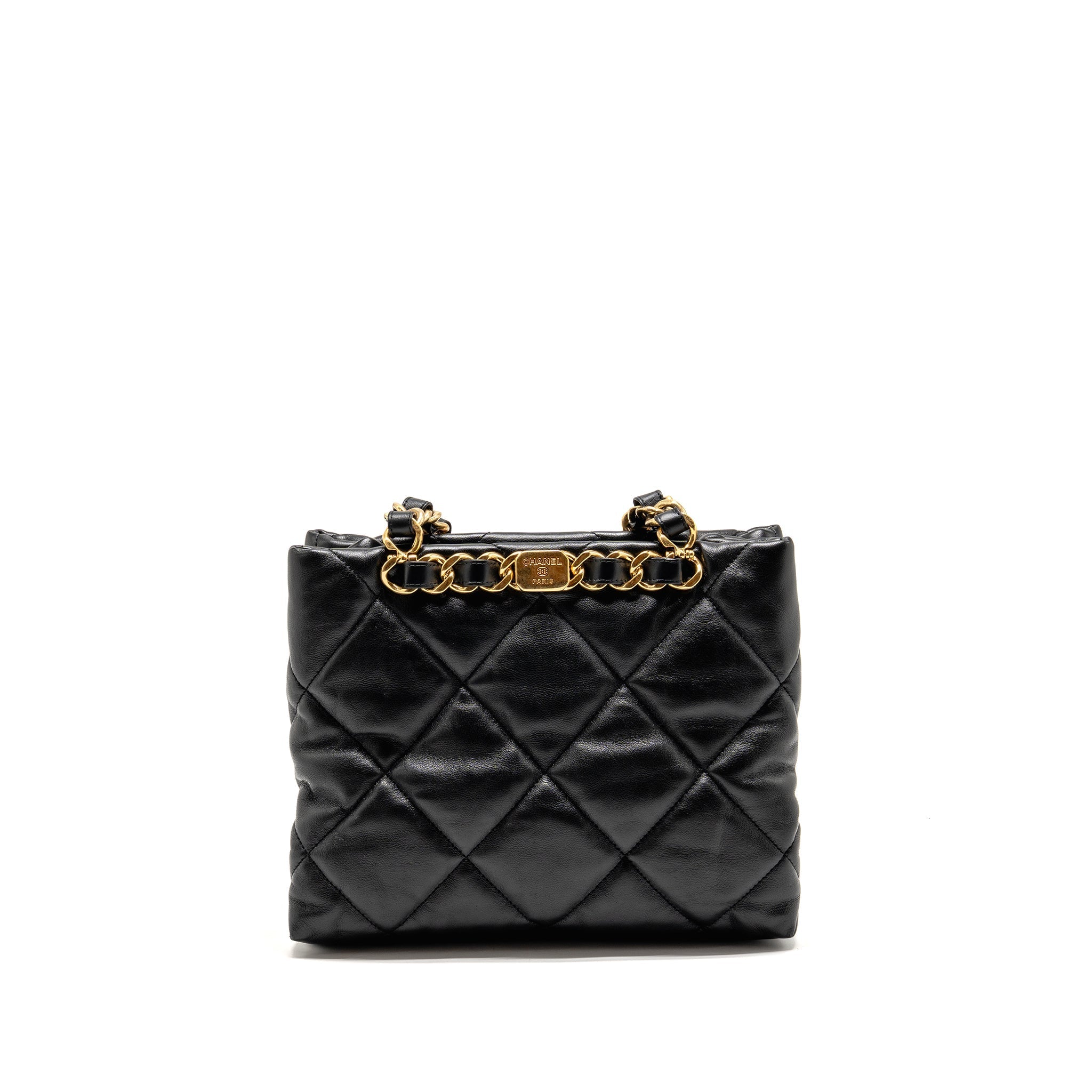 CHANEL QUILTED DOUBLE CHAIN SHOPPING TOTE BAG LAMBSKIN BLACK GHW (MICROCHIP)