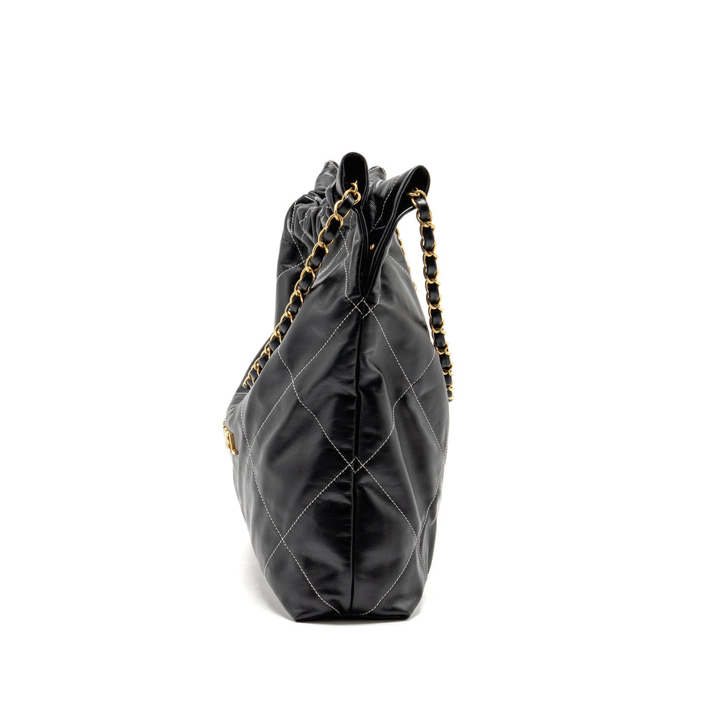 CHANEL MEDIUM 22 BAG WHITE STITCHING CALFSKIN BLACK GHW (MICROCHIP)