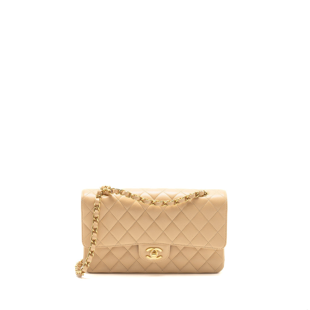 CHANEL MEDIUM CLASSIC DOUBLE FLAP BAG CAVIAR BEIGE GHW (MICROCHIP)