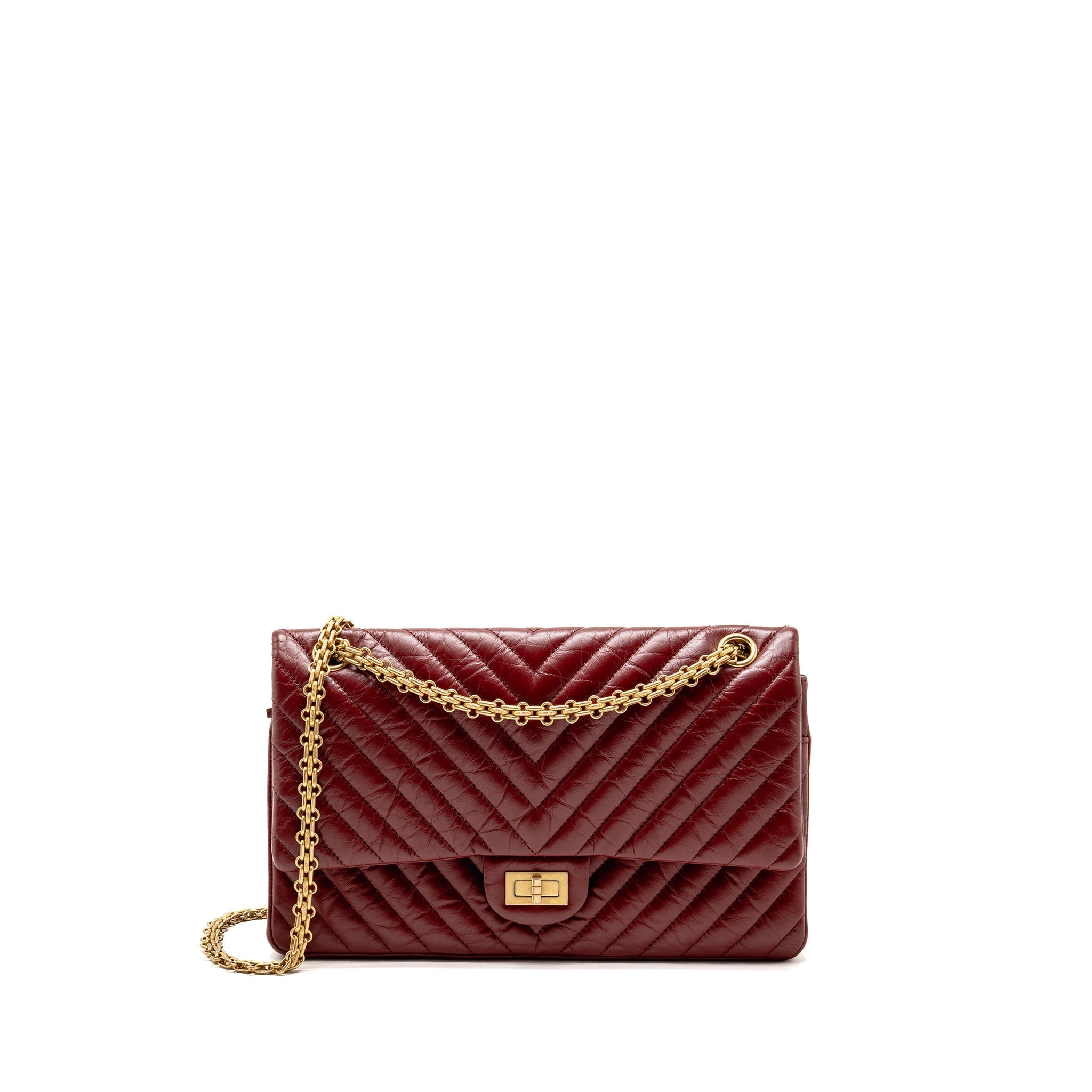 CHANEL 2.55 226 REISSUE DOUBLE FLAP BAG CHEVRON AGED CALFSKIN RED GHW
