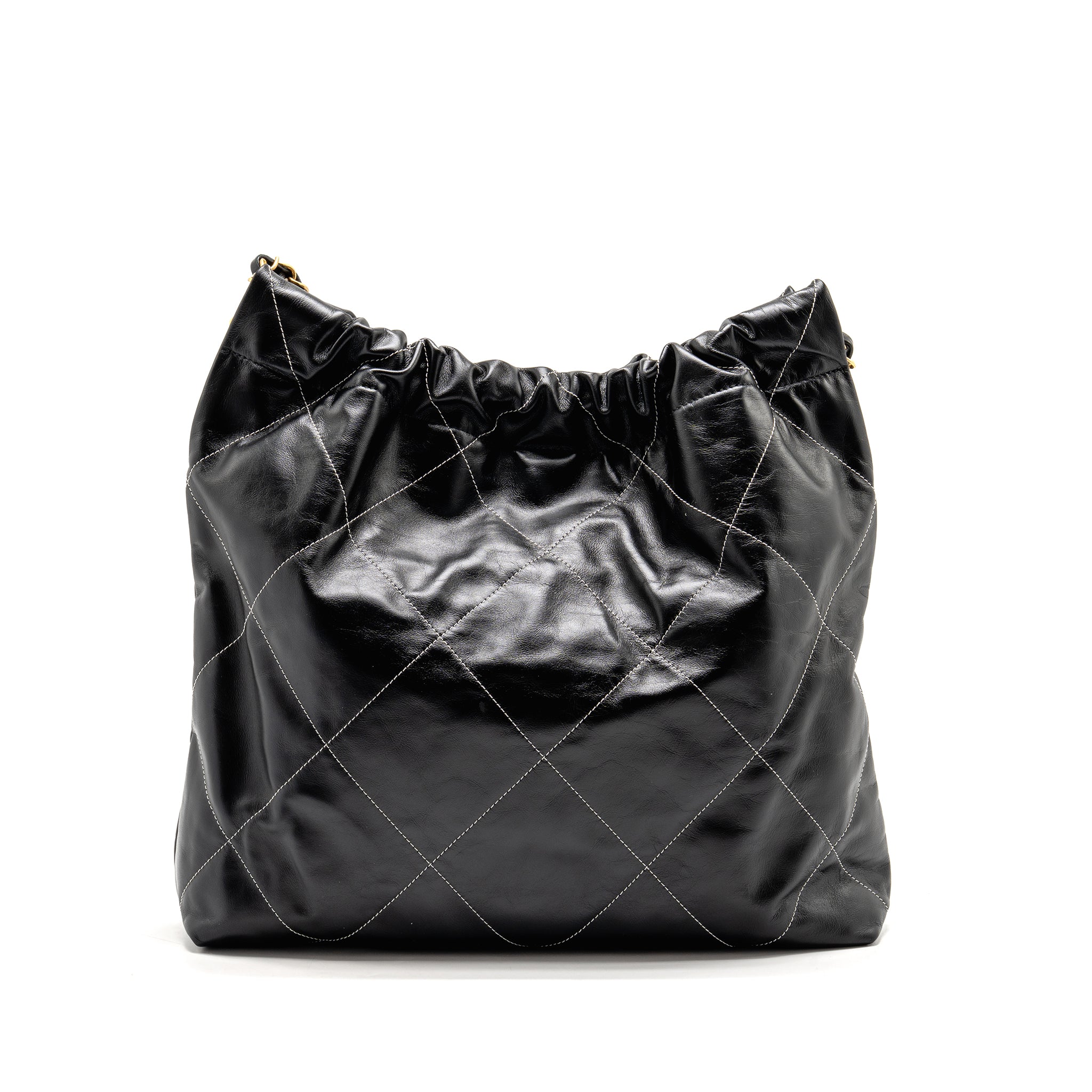 CHANEL MEDIUM 22 BAG WHITE STITCHING CALFSKIN BLACK GHW (MICROCHIP)