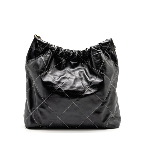 CHANEL MEDIUM 22 BAG WHITE STITCHING CALFSKIN BLACK GHW (MICROCHIP)
