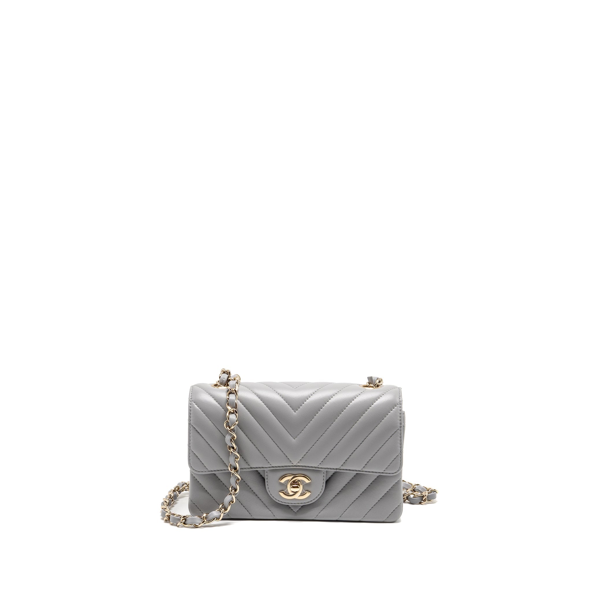 CHANEL MINI RECTANGULAR FLAP BAG CHEVRON LAMBSKIN GREY LGHW
