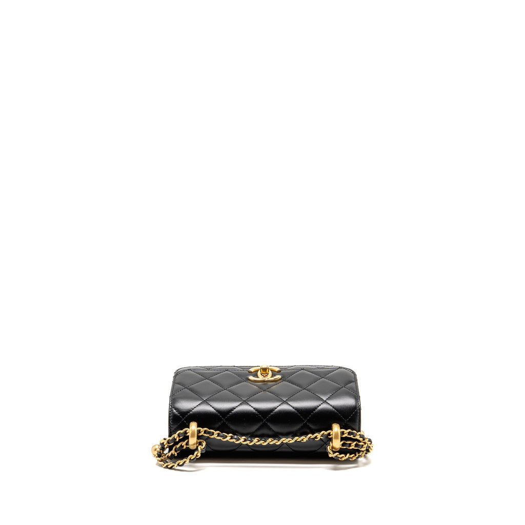 CHANEL GOLD CRUSH MINI FLAP BAG SHINY CALFSKIN BLACK GHW (MICROCHIP)