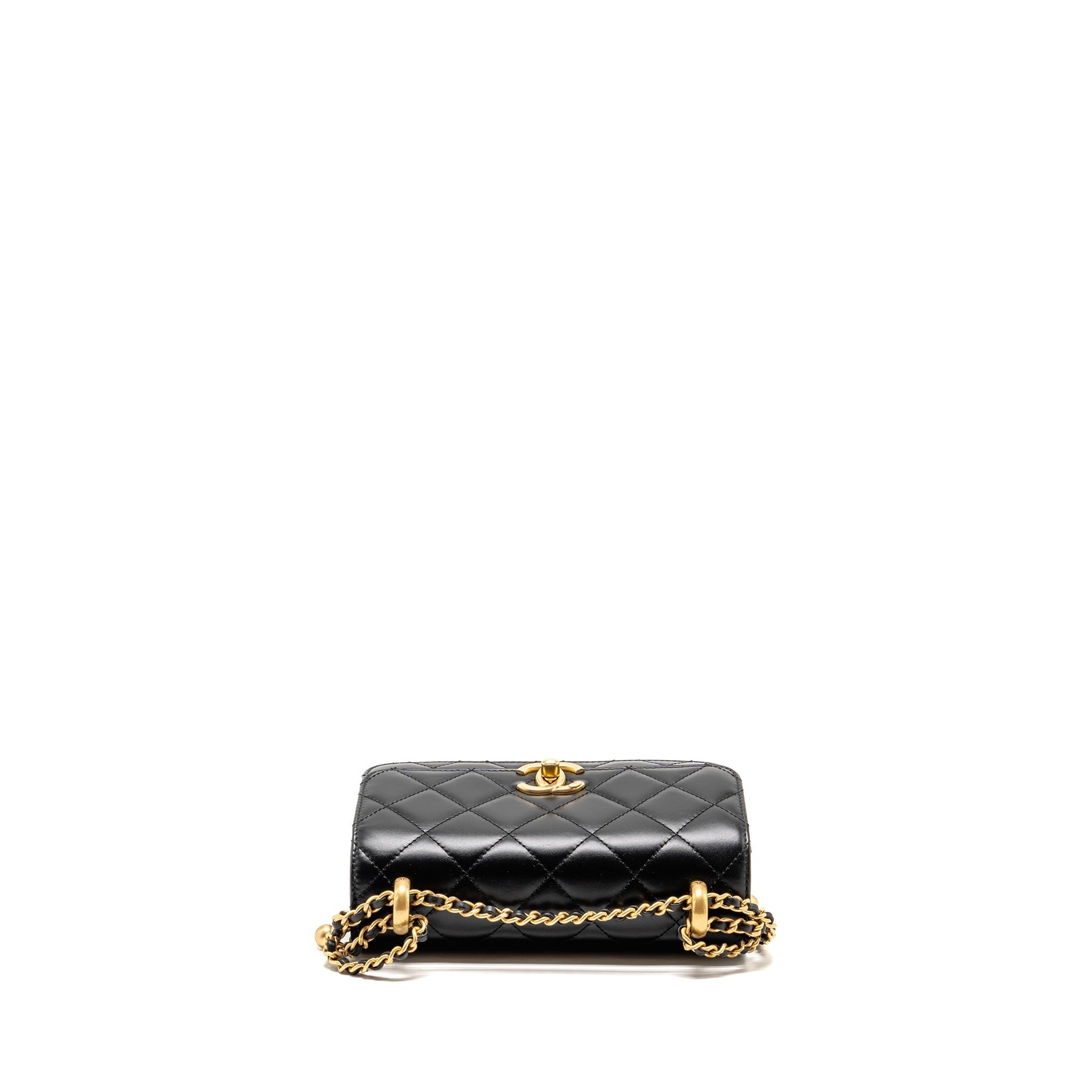 CHANEL GOLD CRUSH MINI FLAP BAG SHINY CALFSKIN BLACK GHW (MICROCHIP)