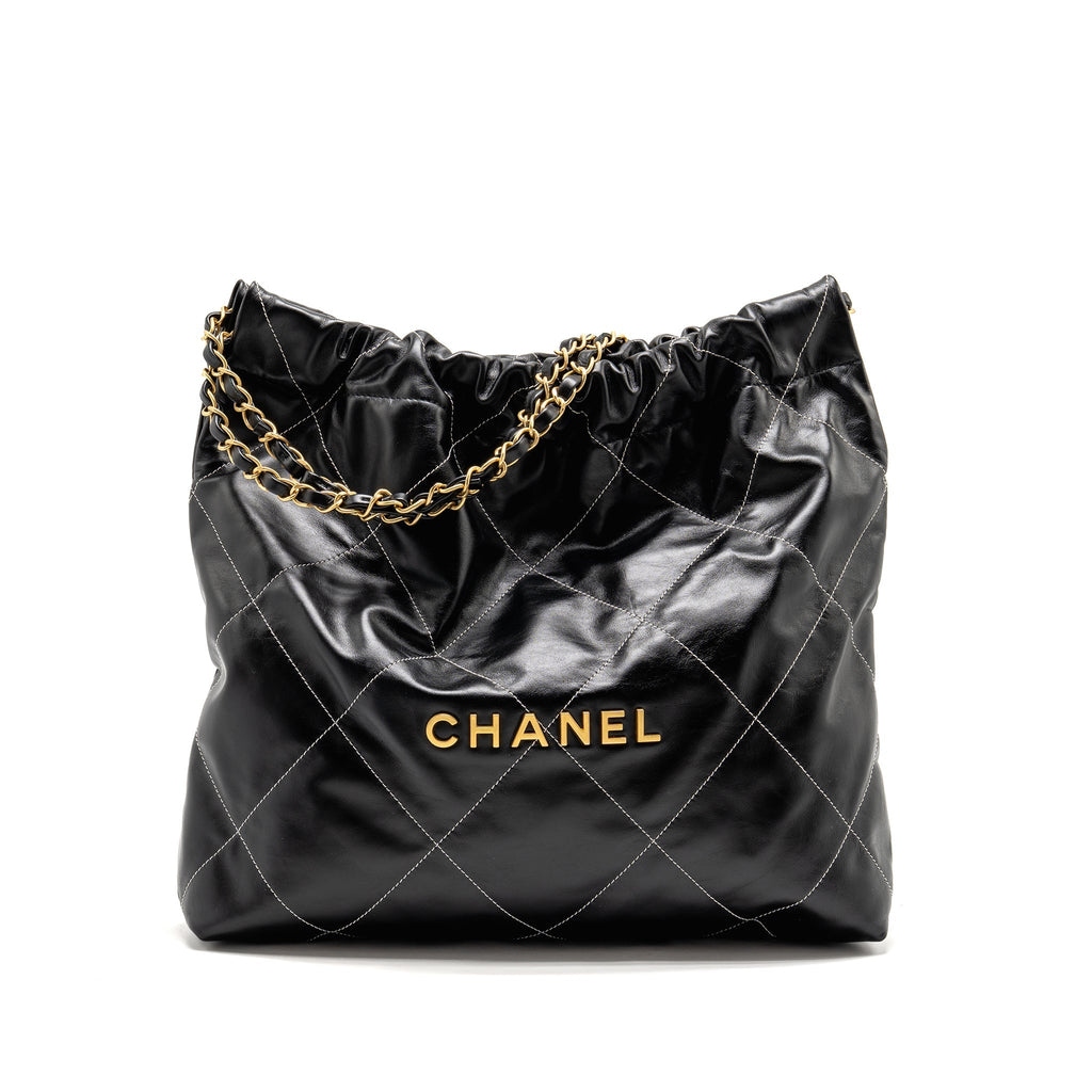 CHANEL MEDIUM 22 BAG WHITE STITCHING CALFSKIN BLACK GHW (MICROCHIP)