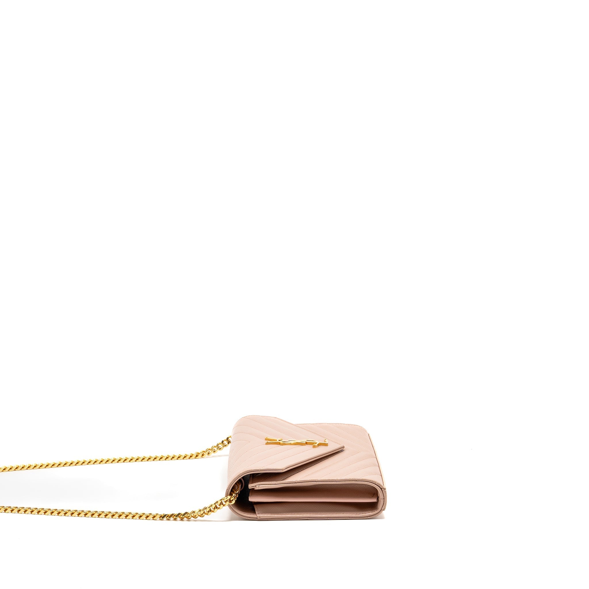 SAINT LAURENT/YSL MATELASSE CHAIN WALLET GRAINED CALFSKIN PALE BLUSH GHW