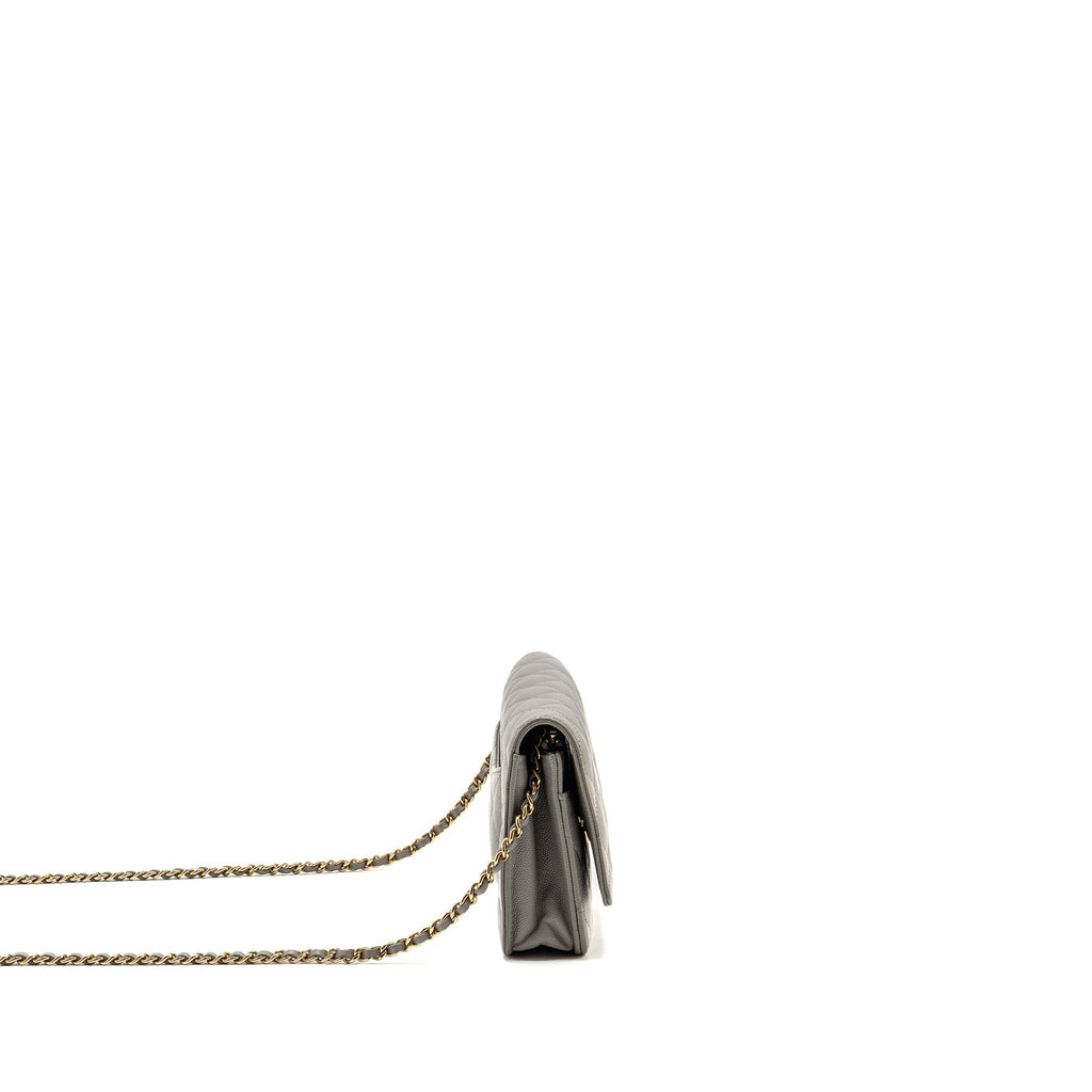 CHANEL CLASSIC WALLET ON CHAIN CAVIAR GREY LGHW (MICROCHIP)