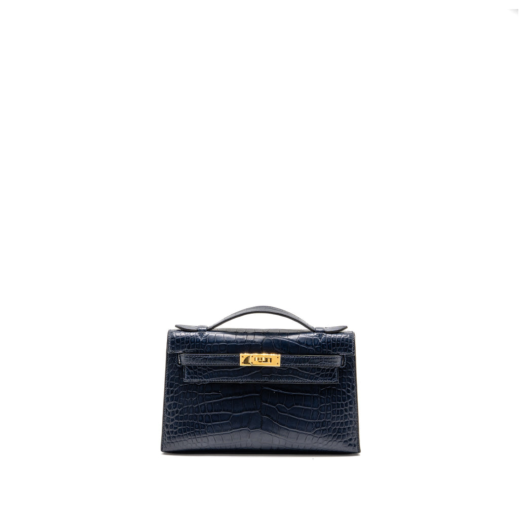 HERMES KELLY POCHETTE MATT ALLIGATOR MISSISSIPPIENSIS BLUE INDIGO GHW
