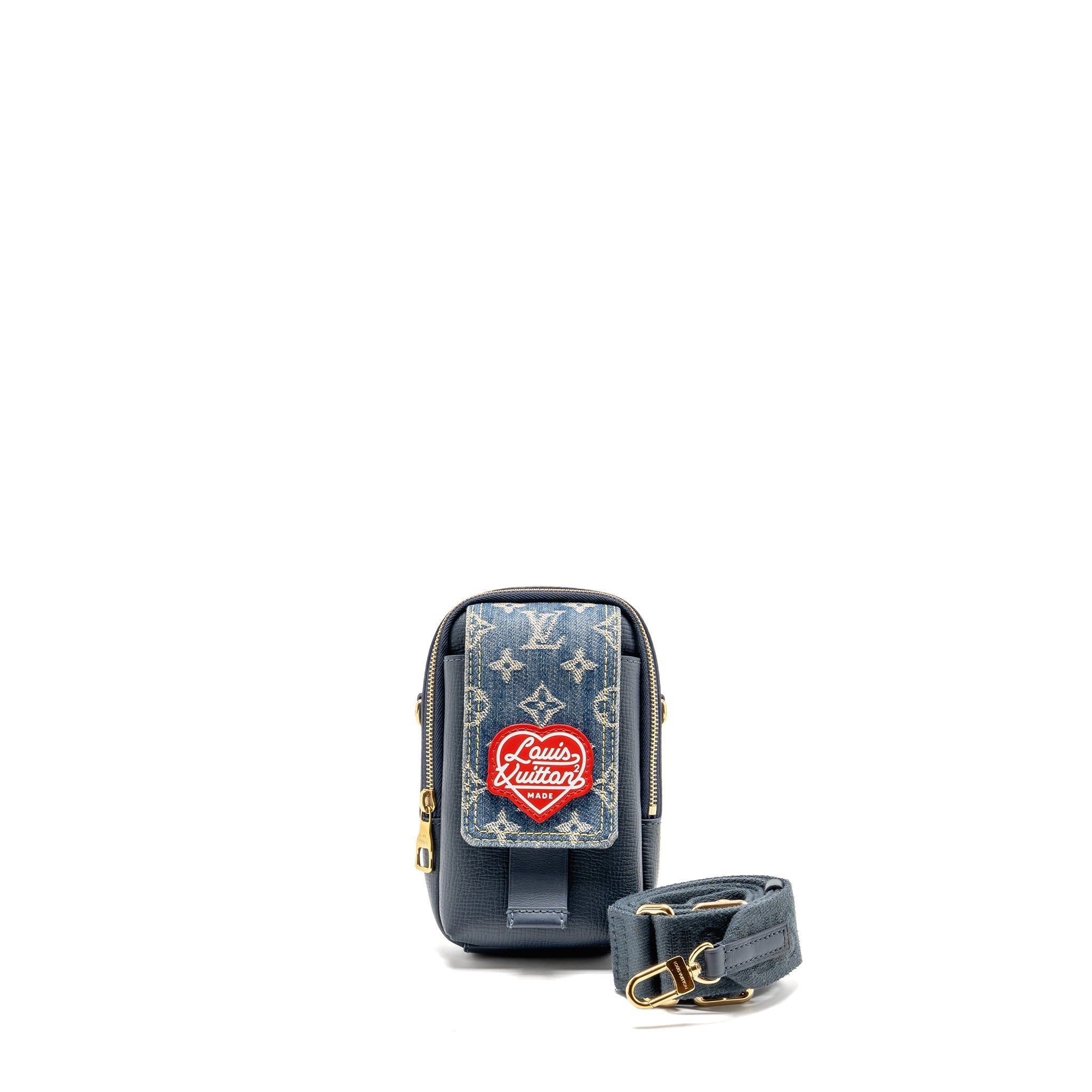 LOUIS VUITTON X NIGO FLAT DOUBLE PHONE POUCH DENIM/CALFSKIN BLUE GHW